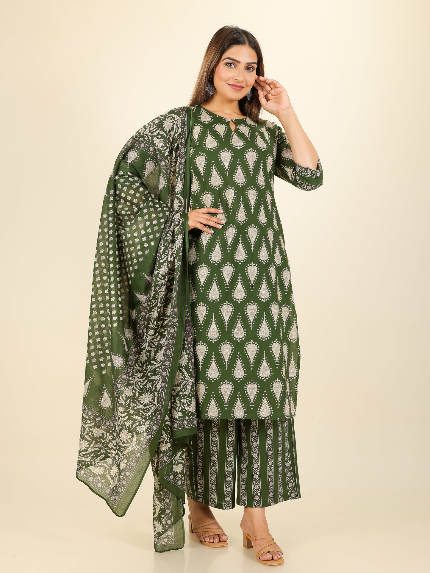 Soft Cotton Floral Straight Green Kurta