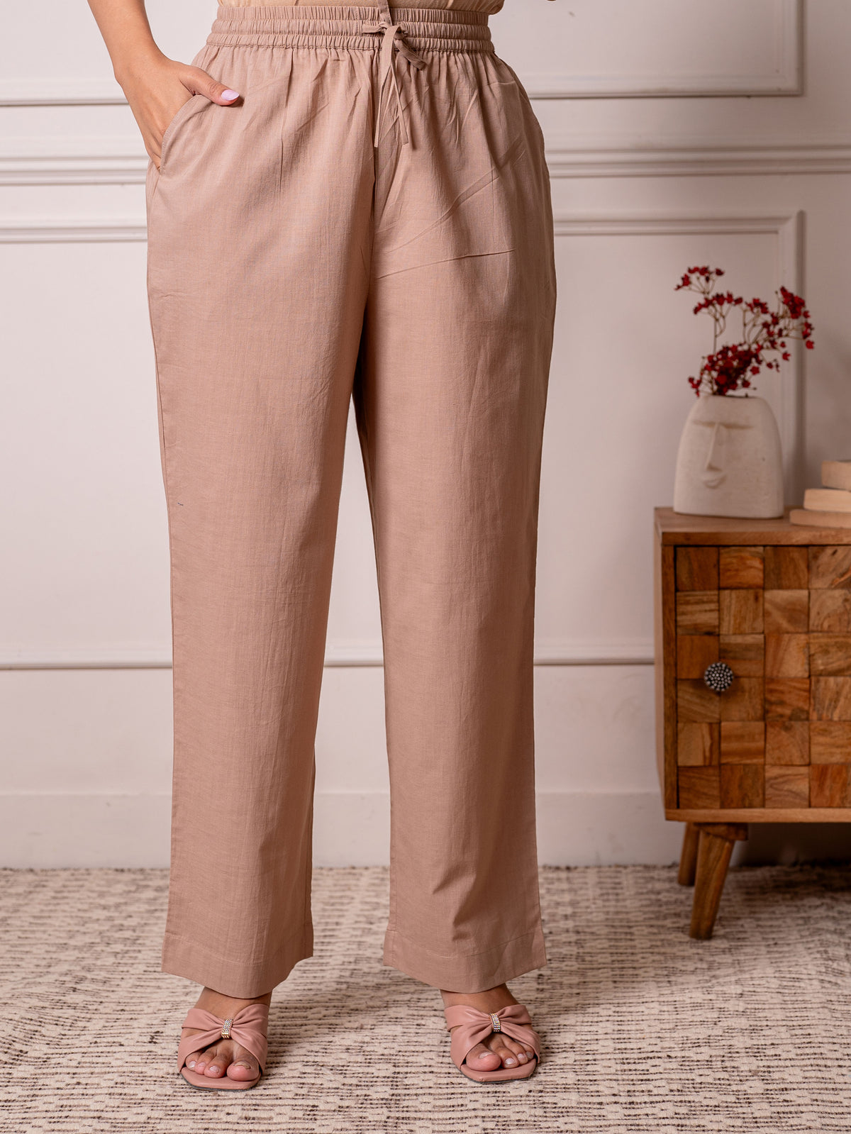 soft cotton butti beige regular trousers