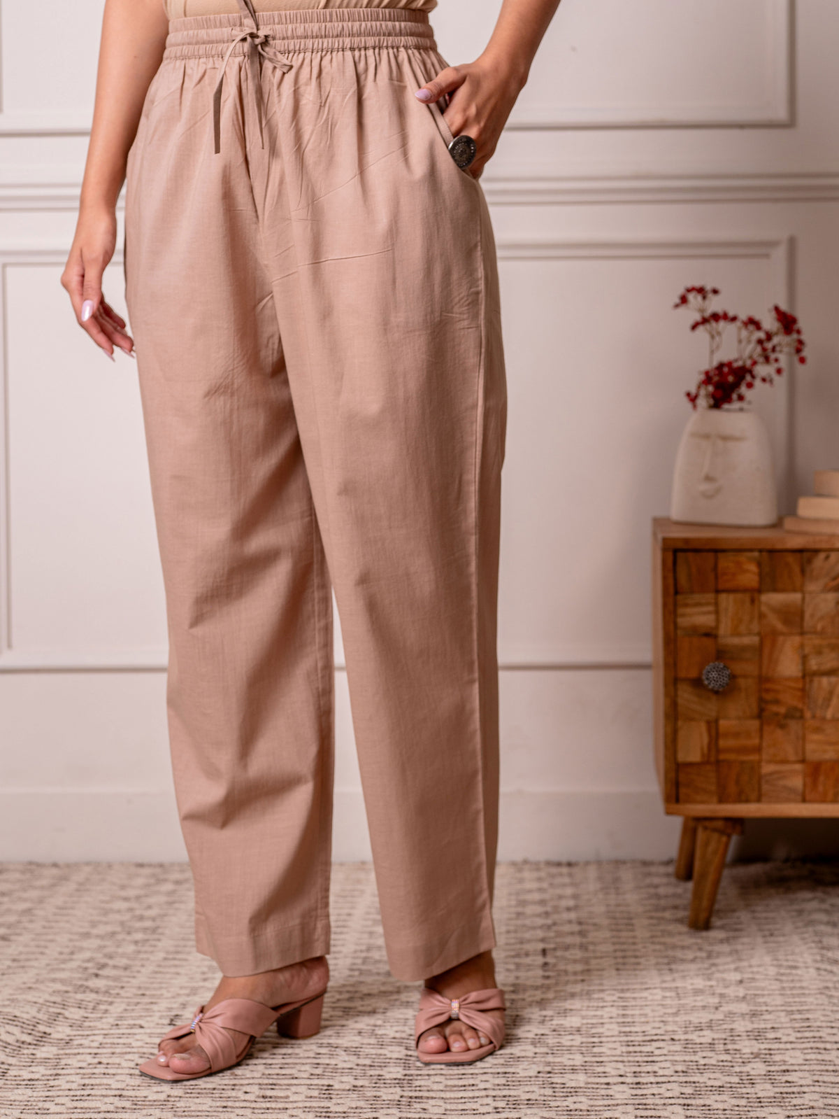 soft cotton butti beige regular trousers