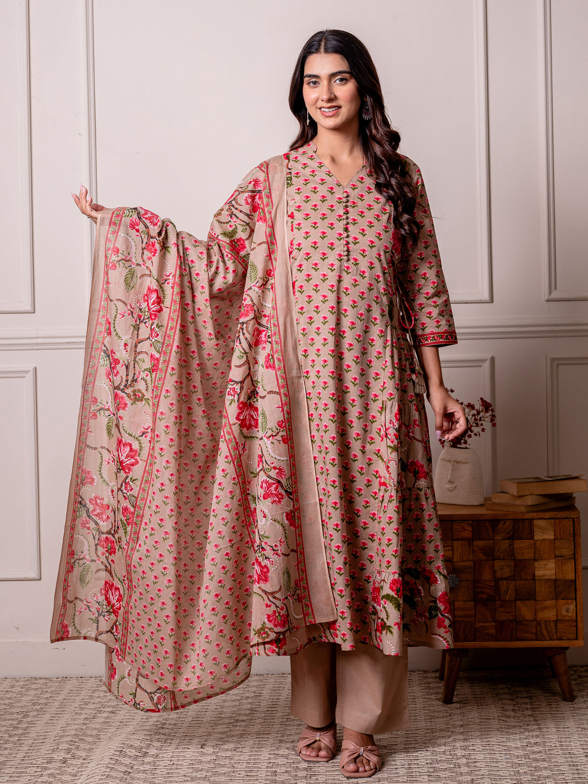 cotton voile floral beige dupatta