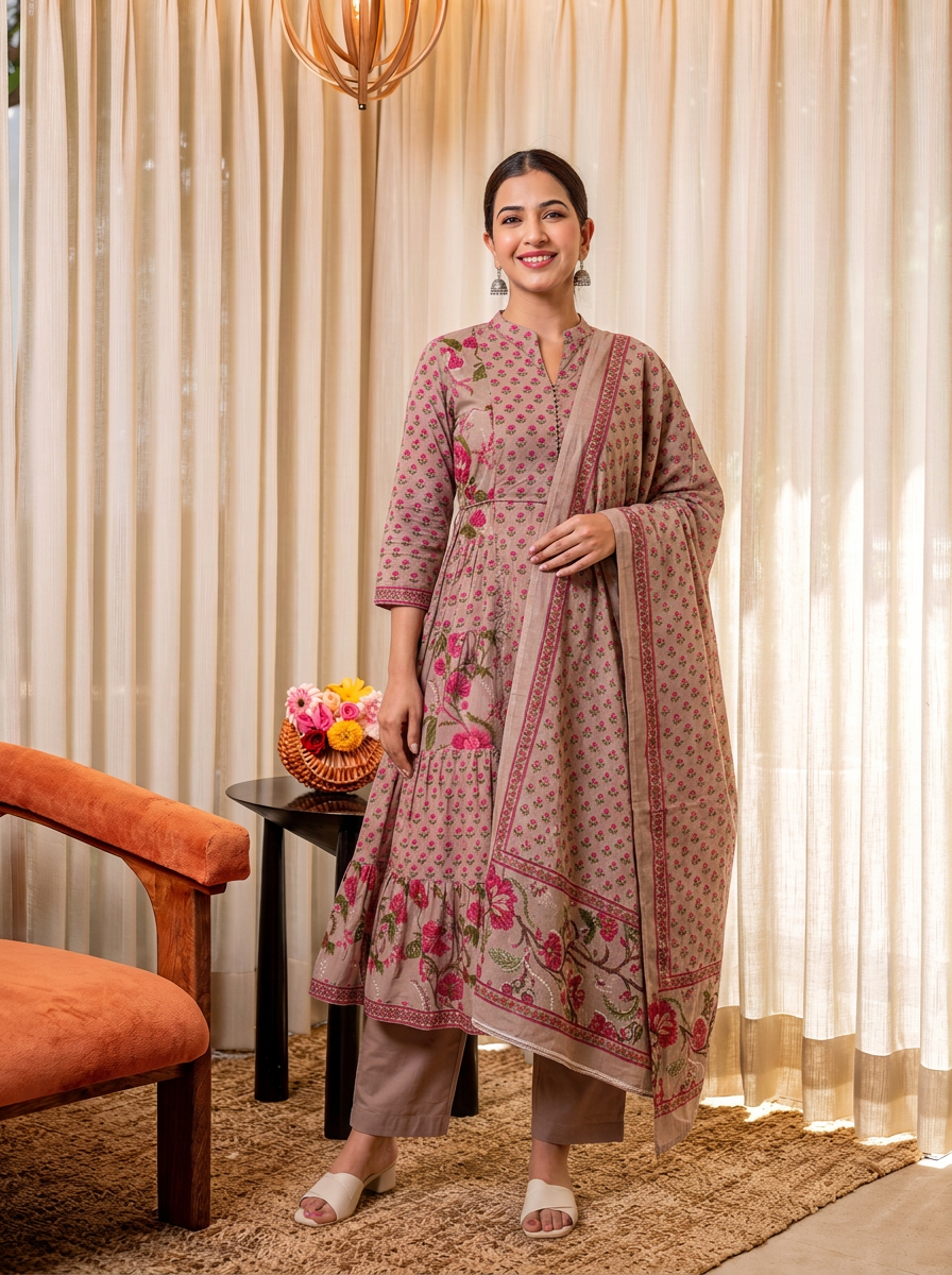 Cotton voile Floral Beige Dupatta