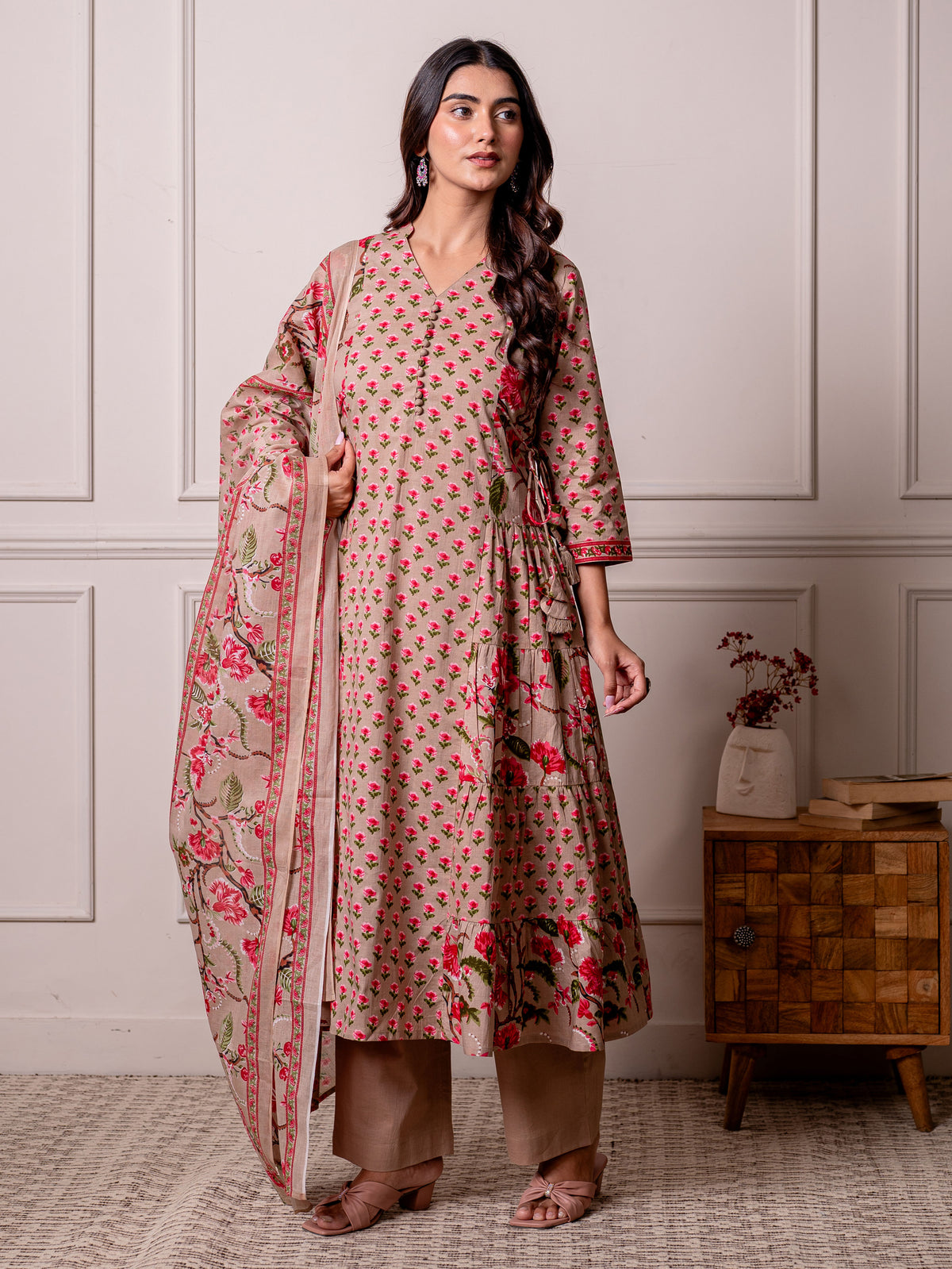 cotton voile floral beige dupatta