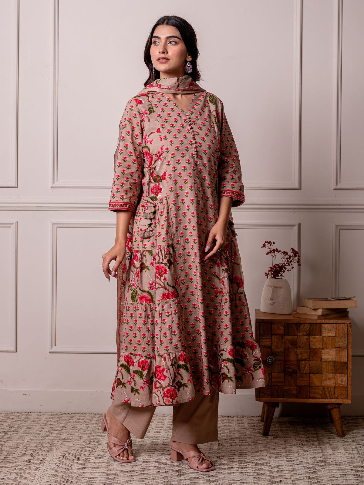 soft cotton floral anarkali beige kurta