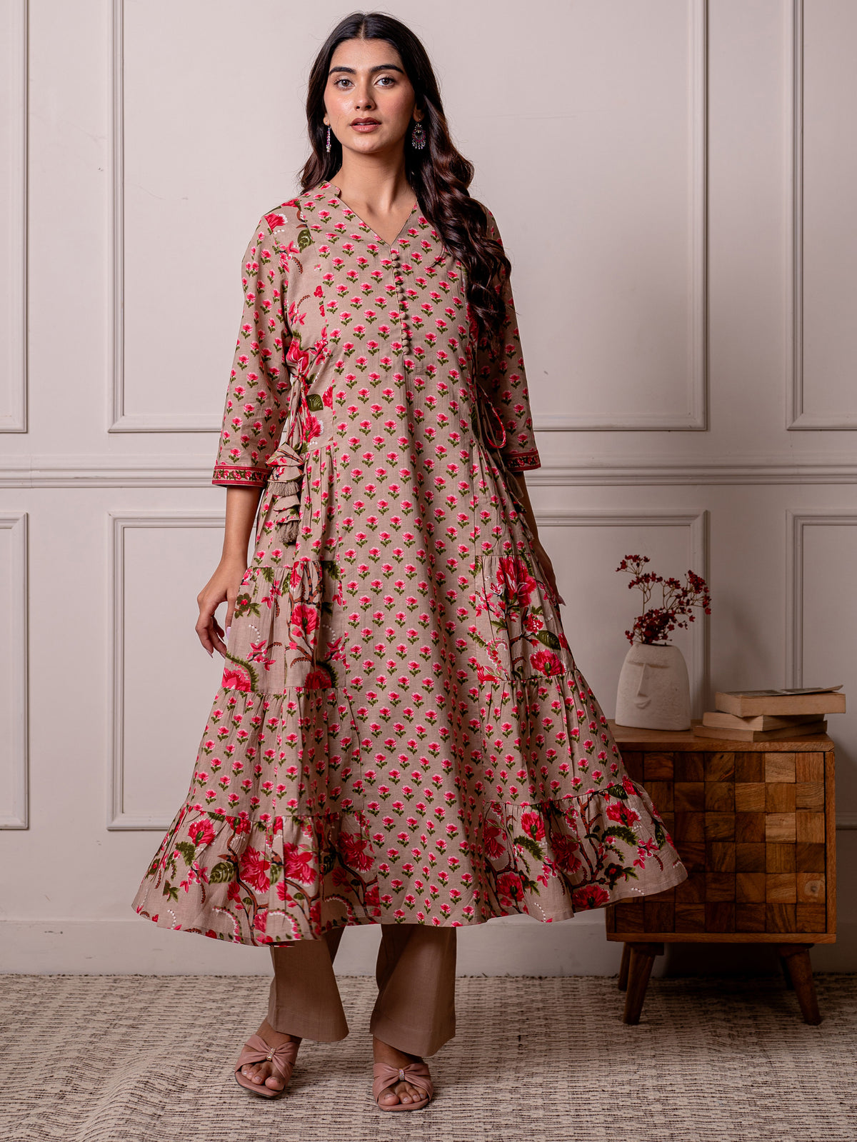 soft cotton floral anarkali beige kurta
