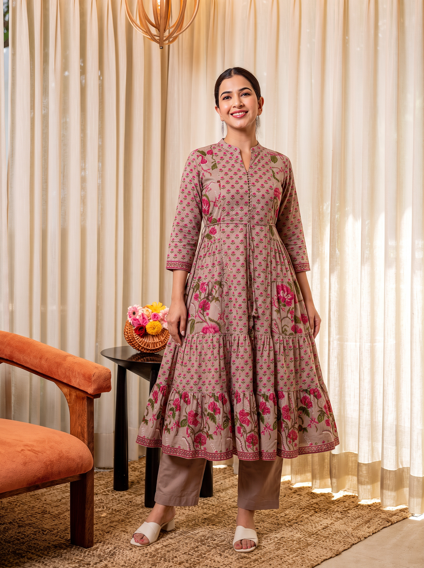 Soft cotton Floral Anarkali Beige Kurta