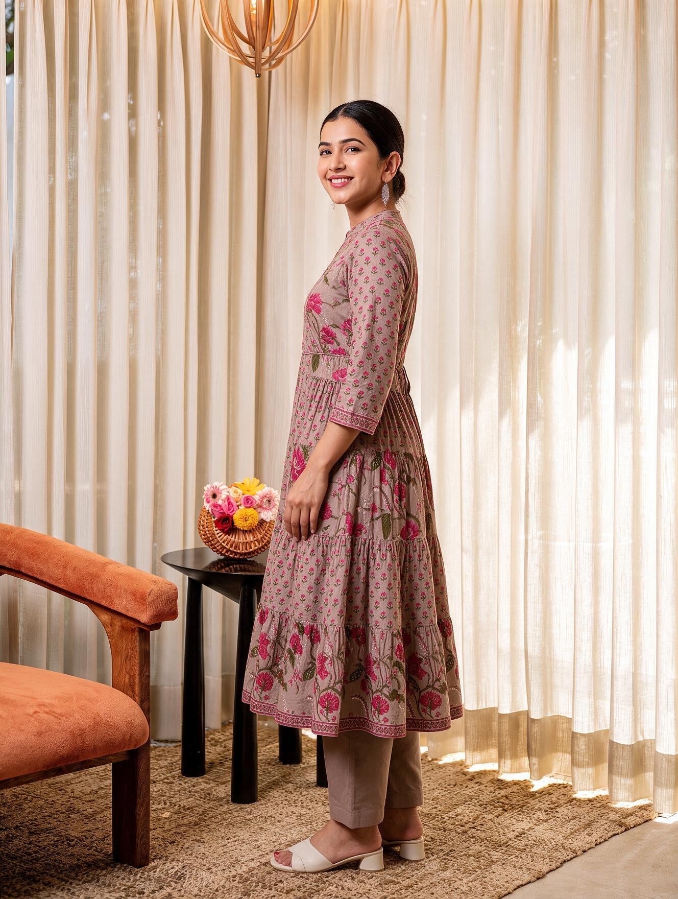 Soft cotton Floral Anarkali Beige Kurta