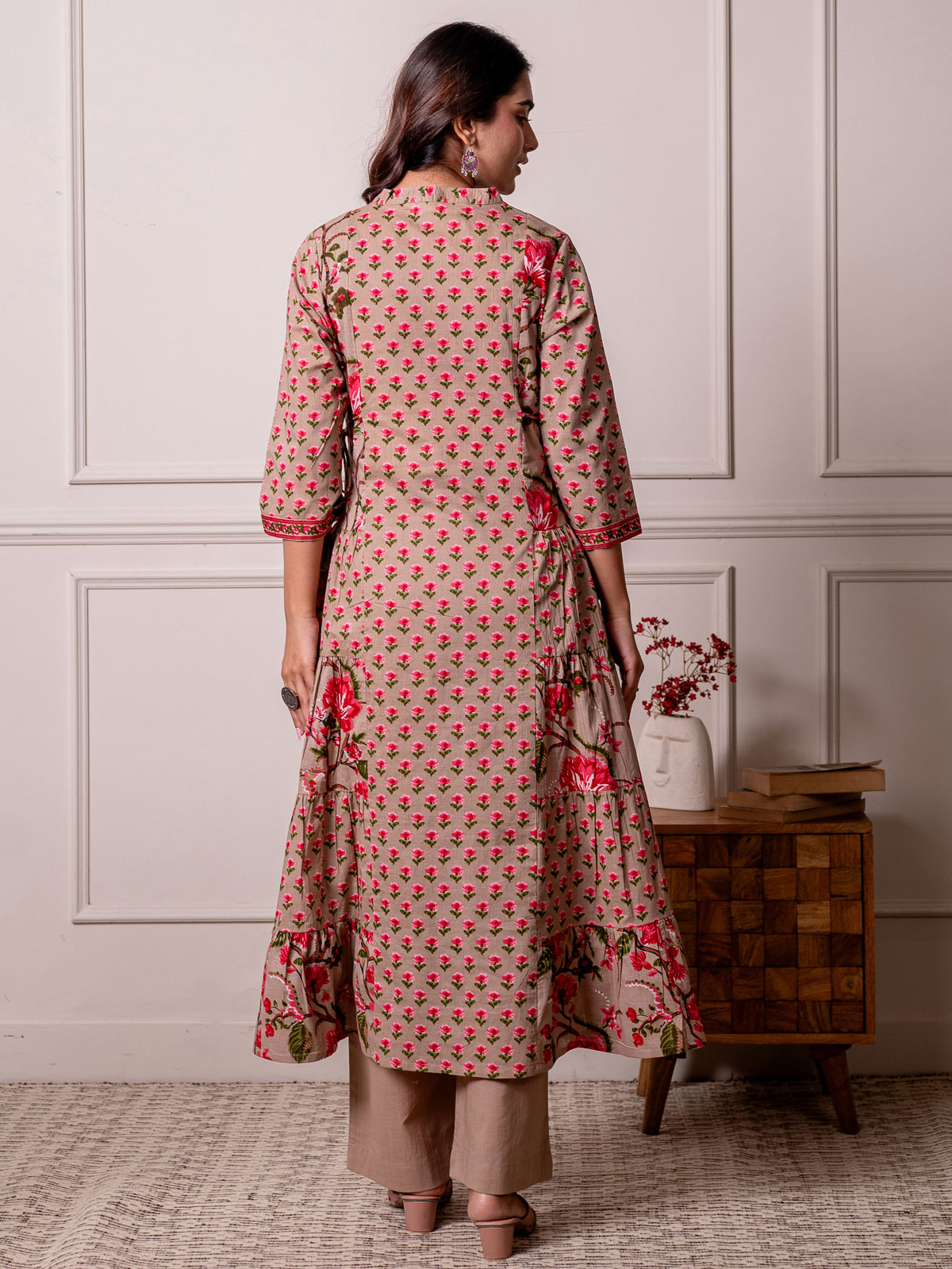soft cotton floral anarkali beige kurta