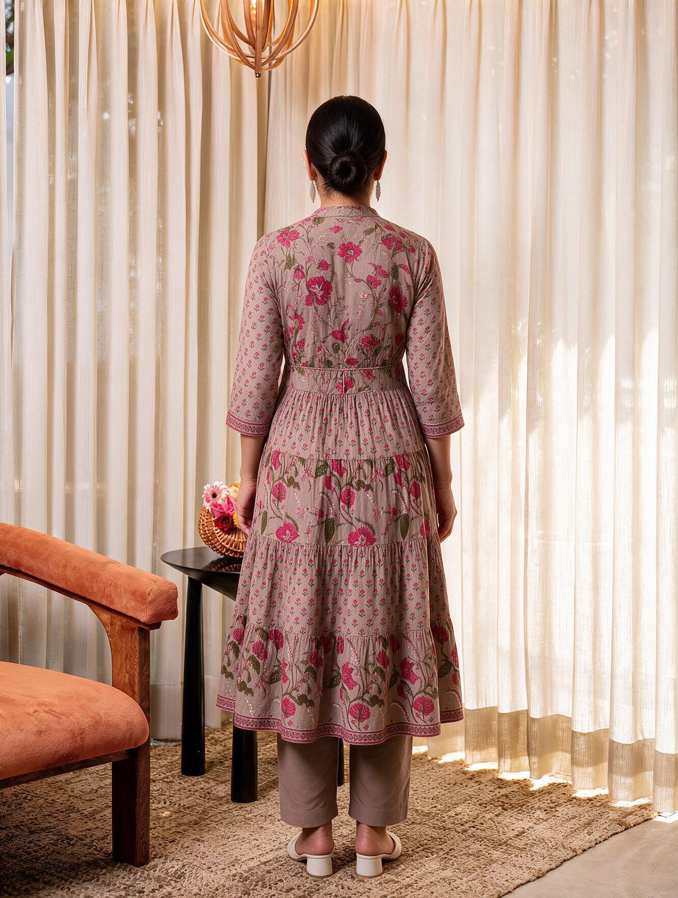 Soft cotton Floral Anarkali Beige Kurta