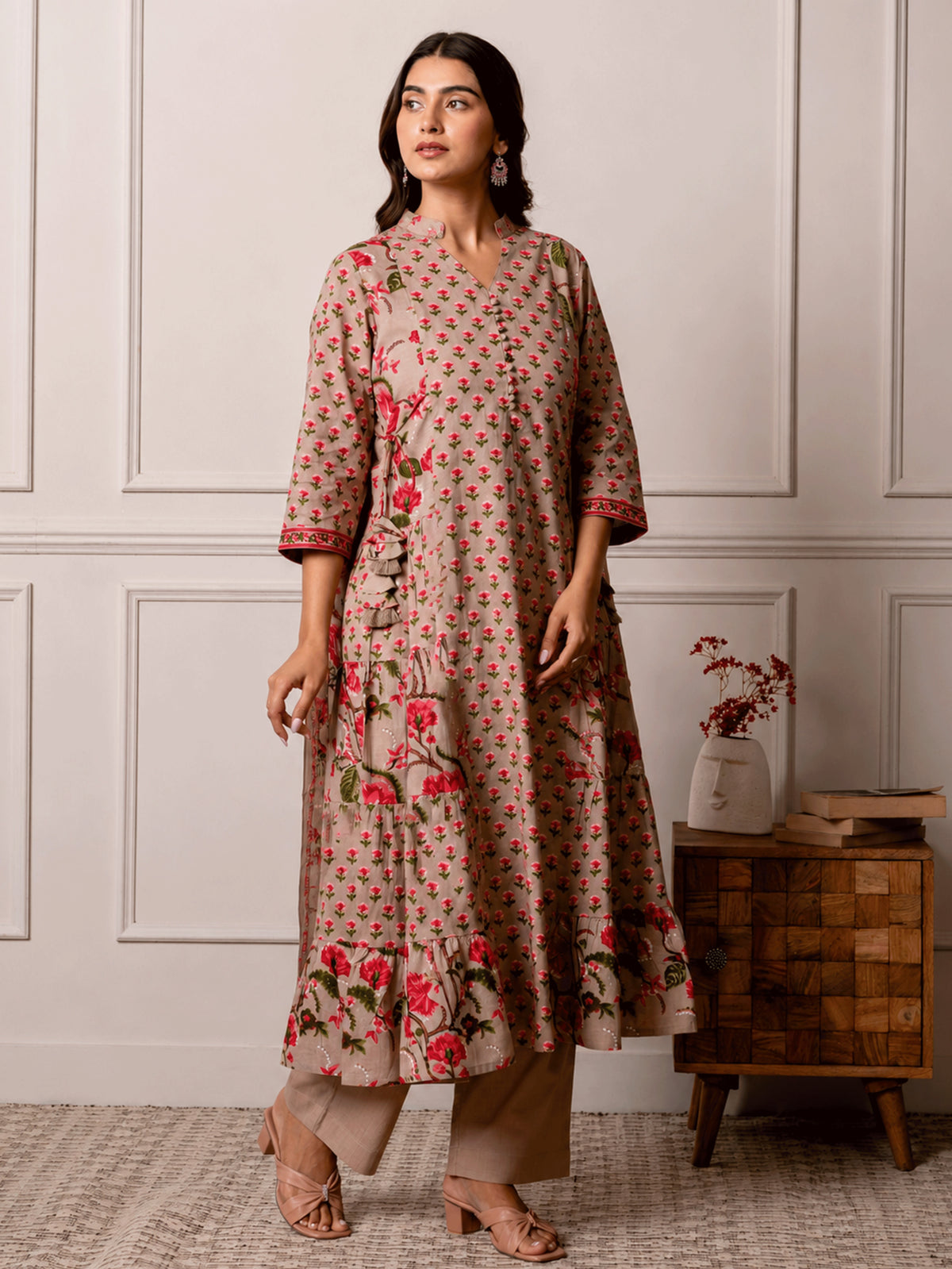 soft cotton floral anarkali beige kurta