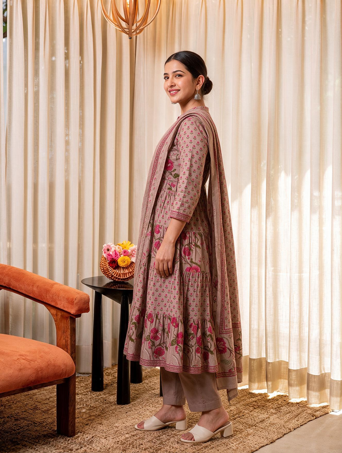 Soft cotton Floral Anarkali Beige Kurta