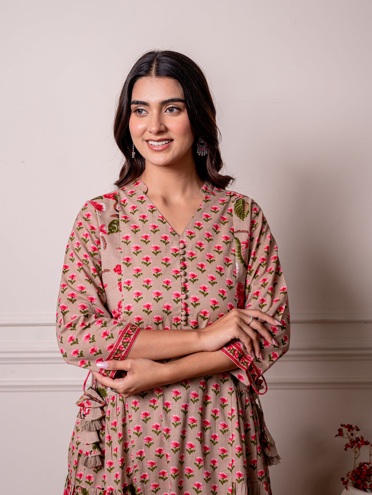 soft cotton floral anarkali beige kurta