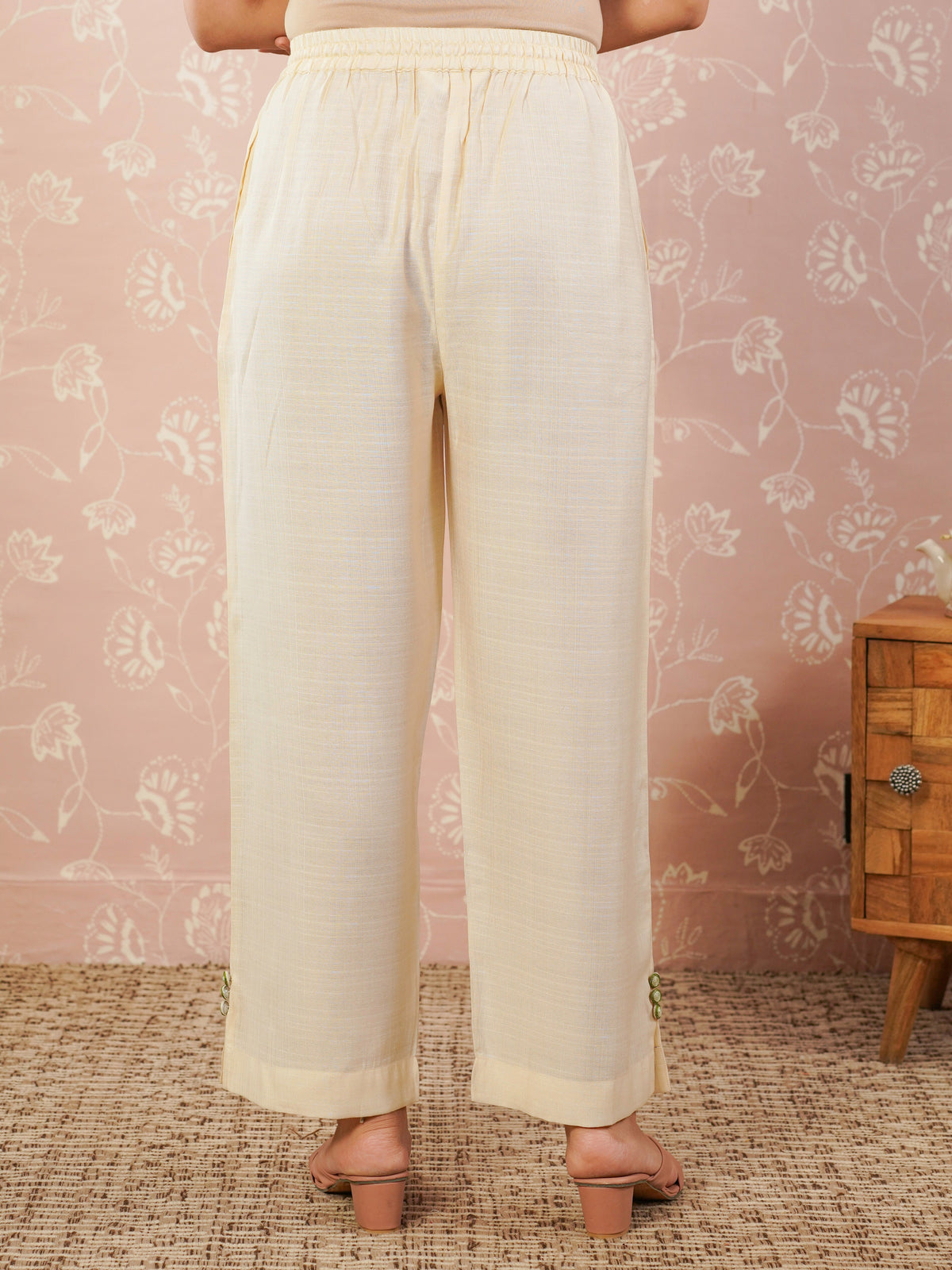 blended silk solid off white straight trousers