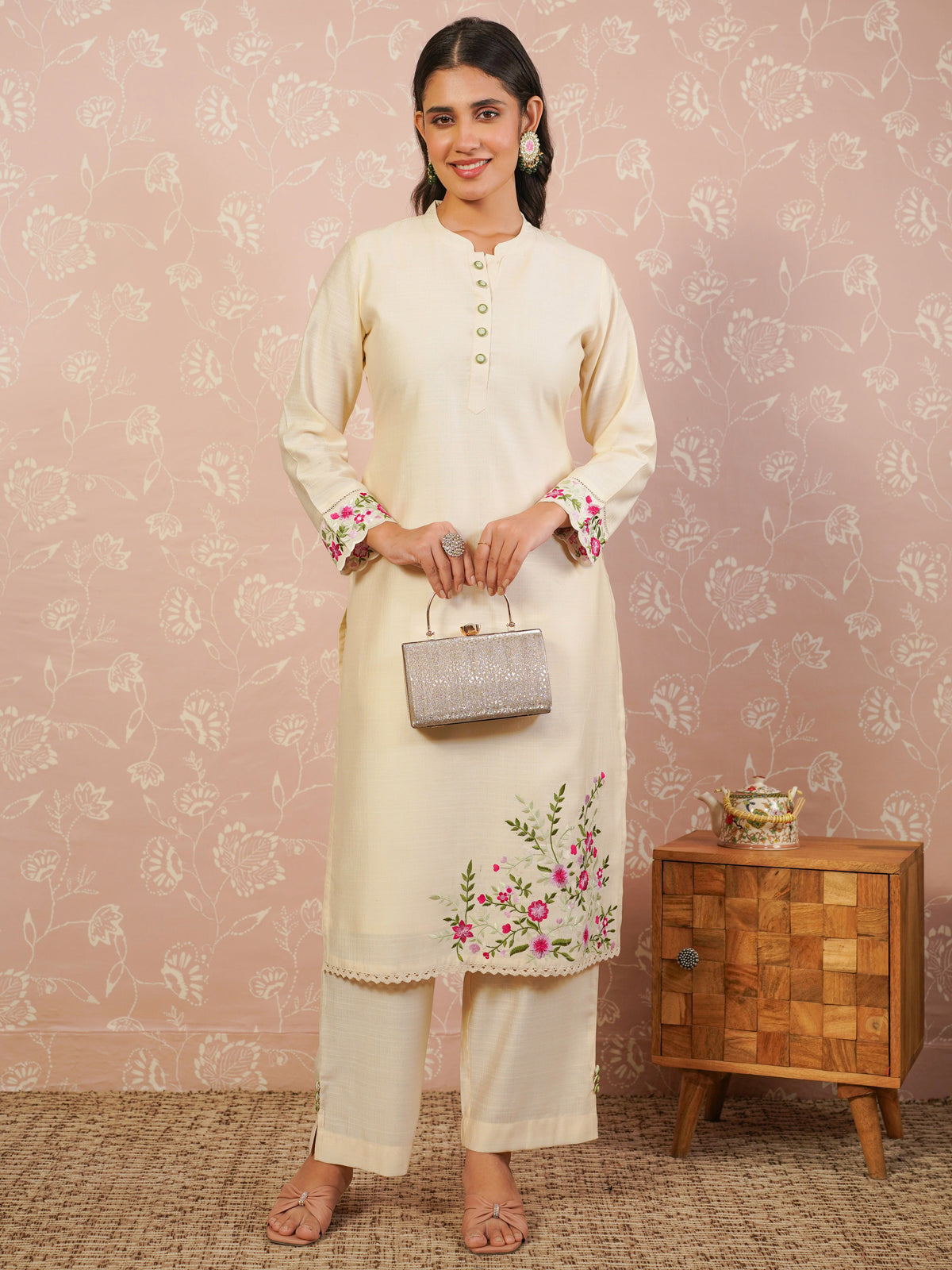 Embroidered blended silk solid anarkali off white kurta