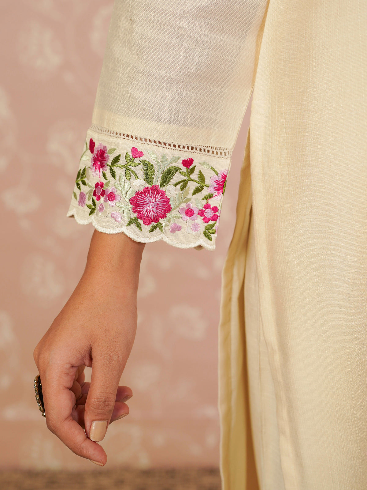 Embroidered blended silk solid anarkali off white kurta
