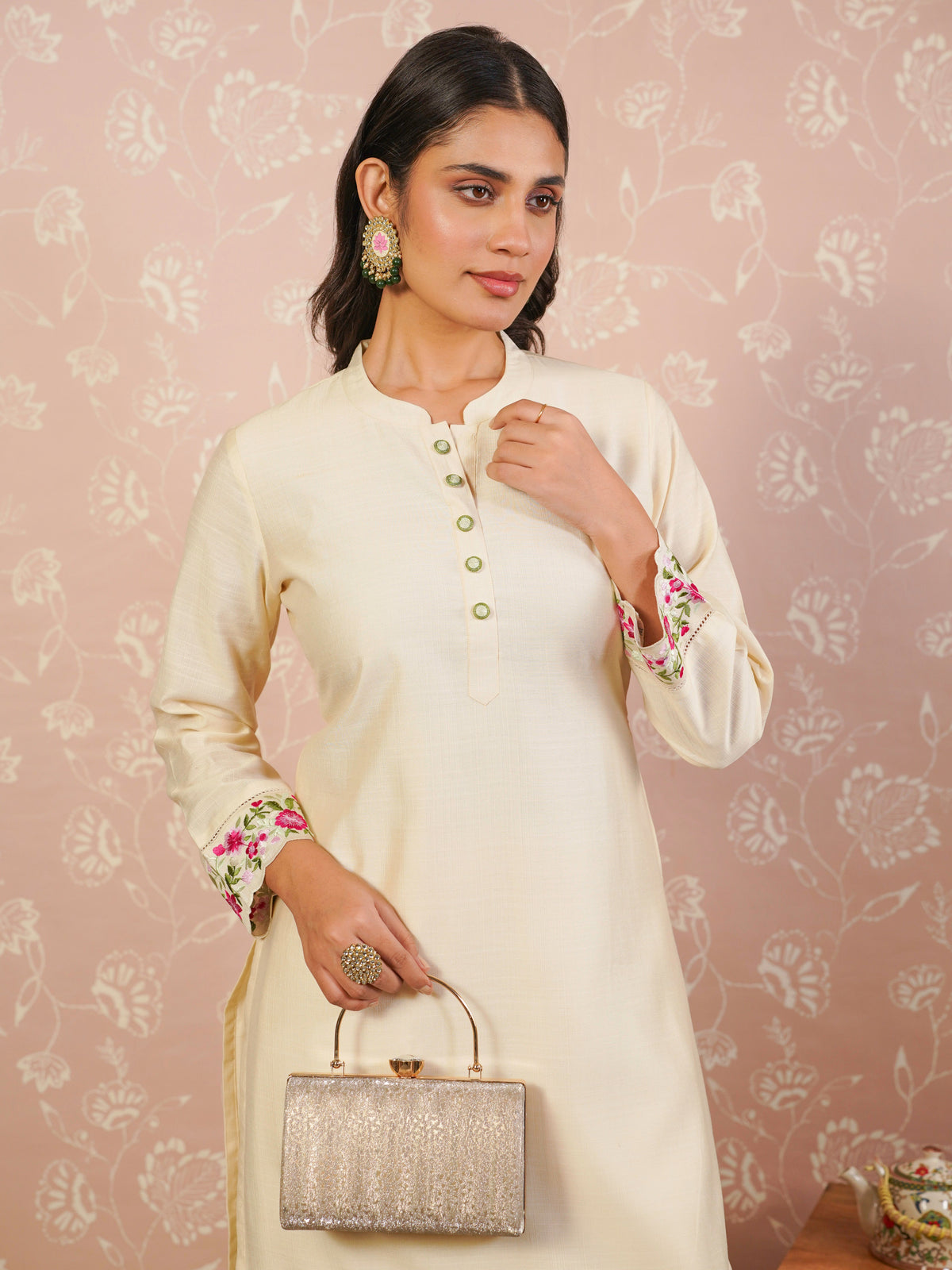 Embroidered blended silk solid anarkali off white kurta