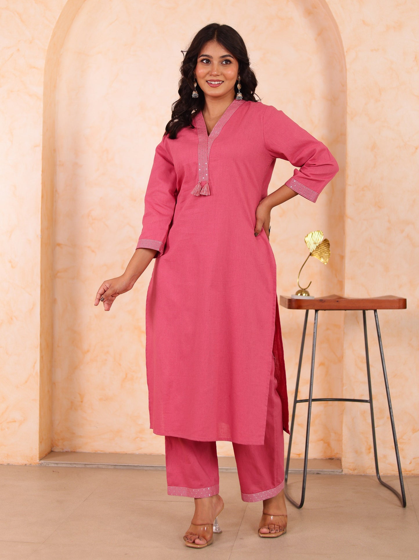 Embroidered Linen cotton Solid Straight Pink Kurta