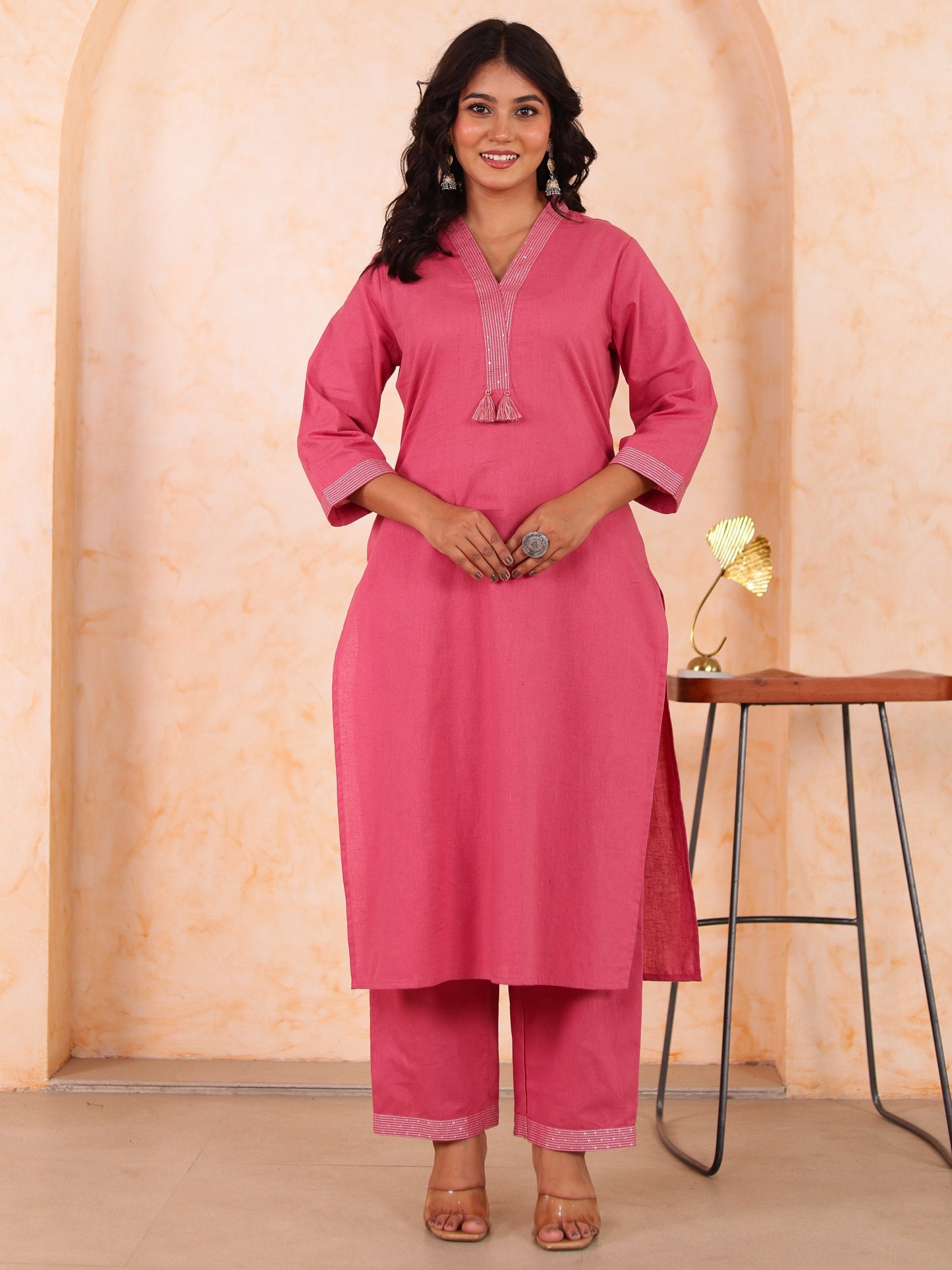 Embroidered Linen cotton Solid Straight Pink Kurta