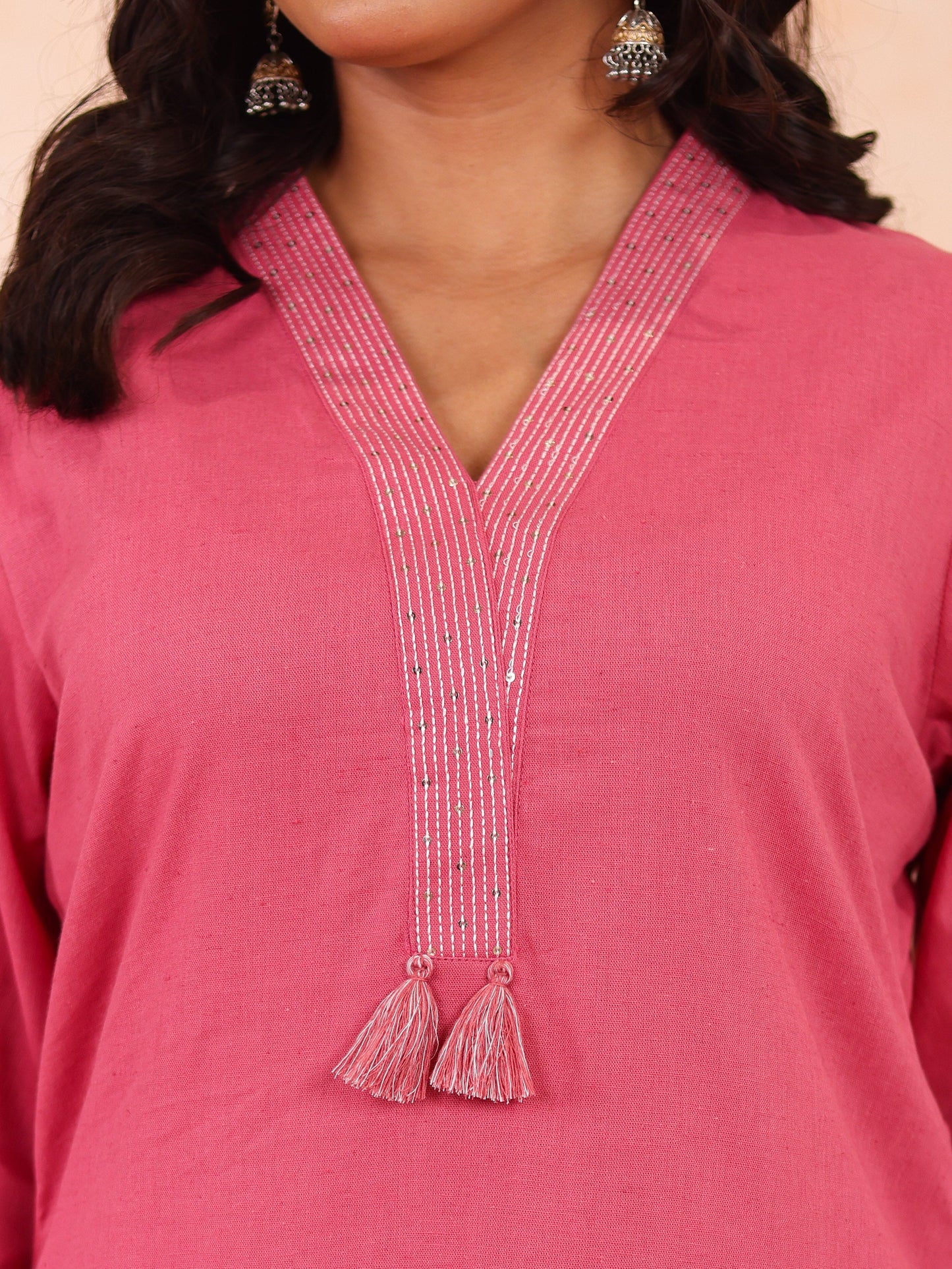 Embroidered Linen cotton Solid Straight Pink Kurta