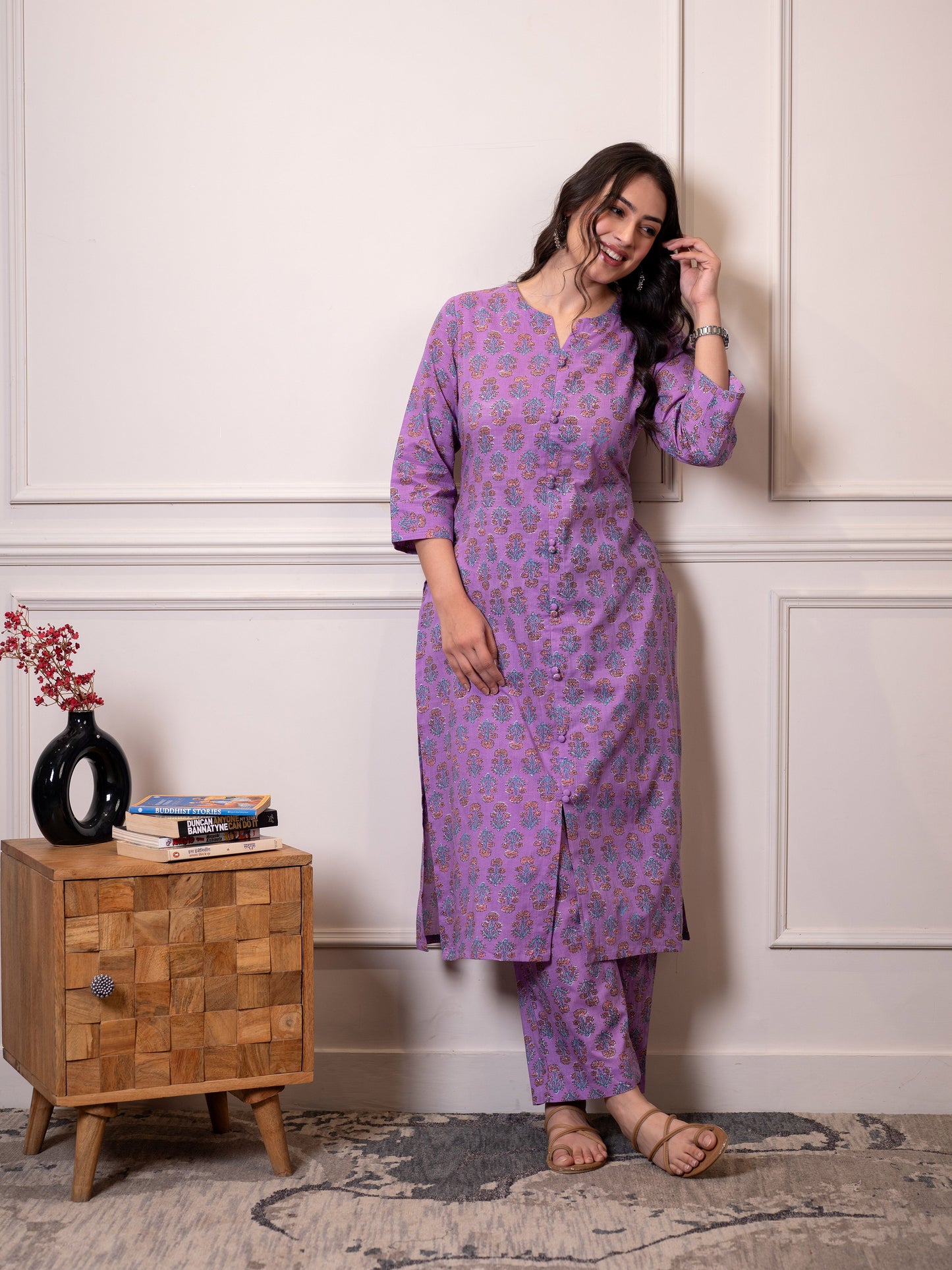 Soft cotton Floral Straight Purple Kurta