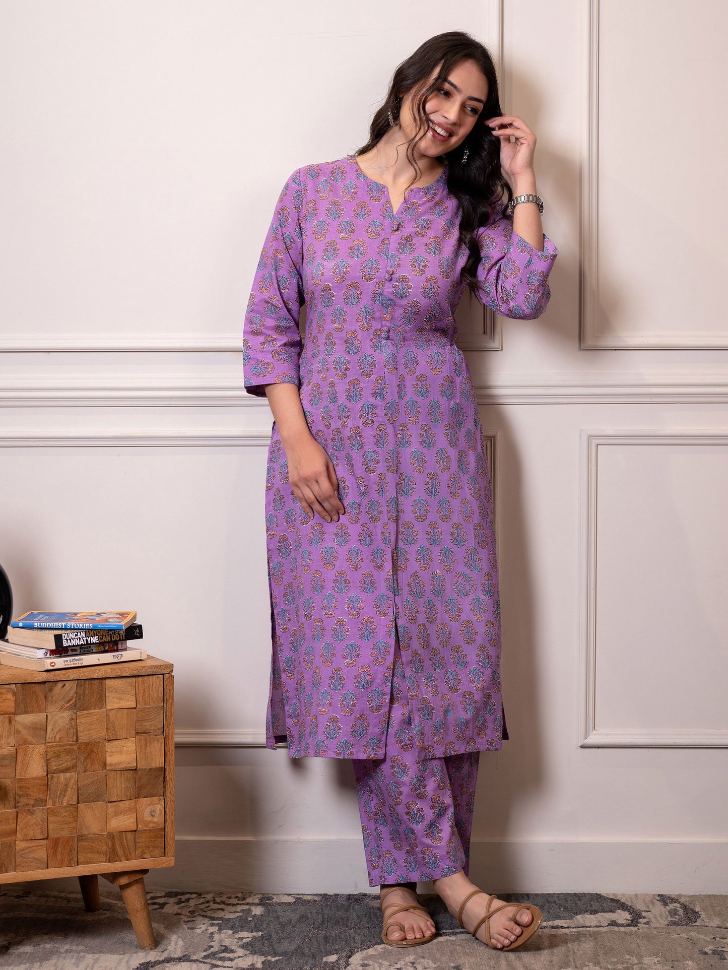 Soft cotton Floral Straight Purple Kurta