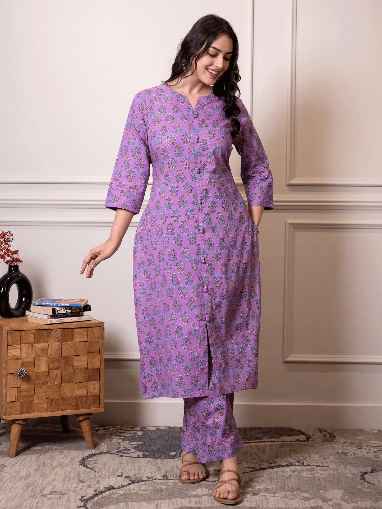 Soft cotton Floral Straight Purple Kurta
