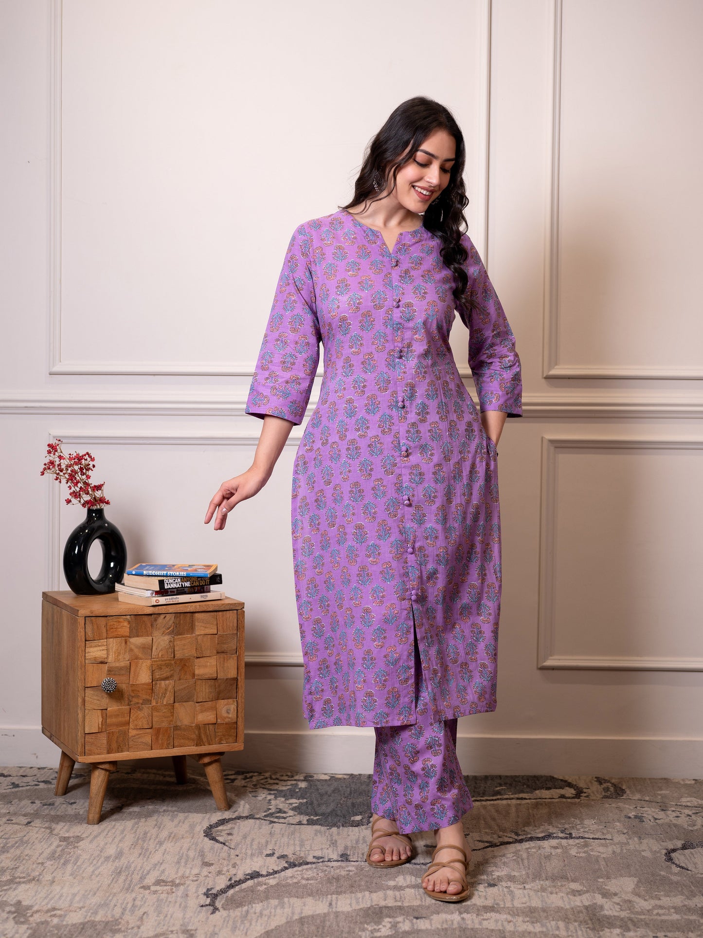 Soft cotton Floral Straight Purple Kurta