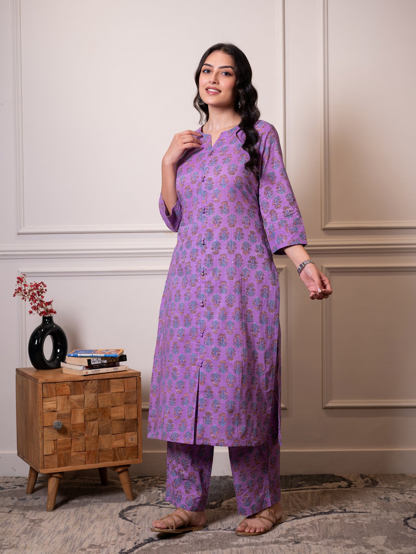 Soft cotton Floral Straight Purple Kurta