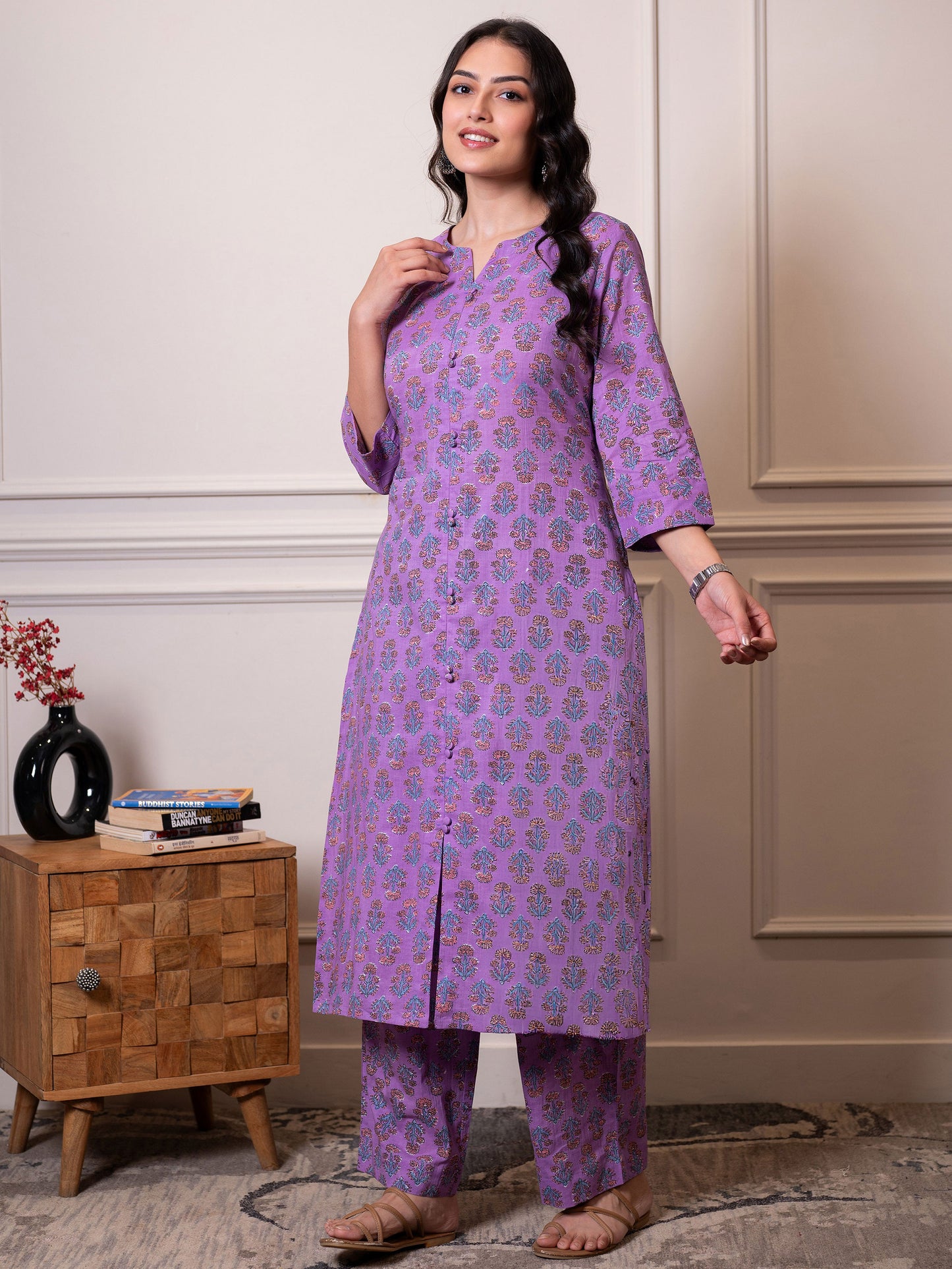 Soft cotton Floral Straight Purple Kurta