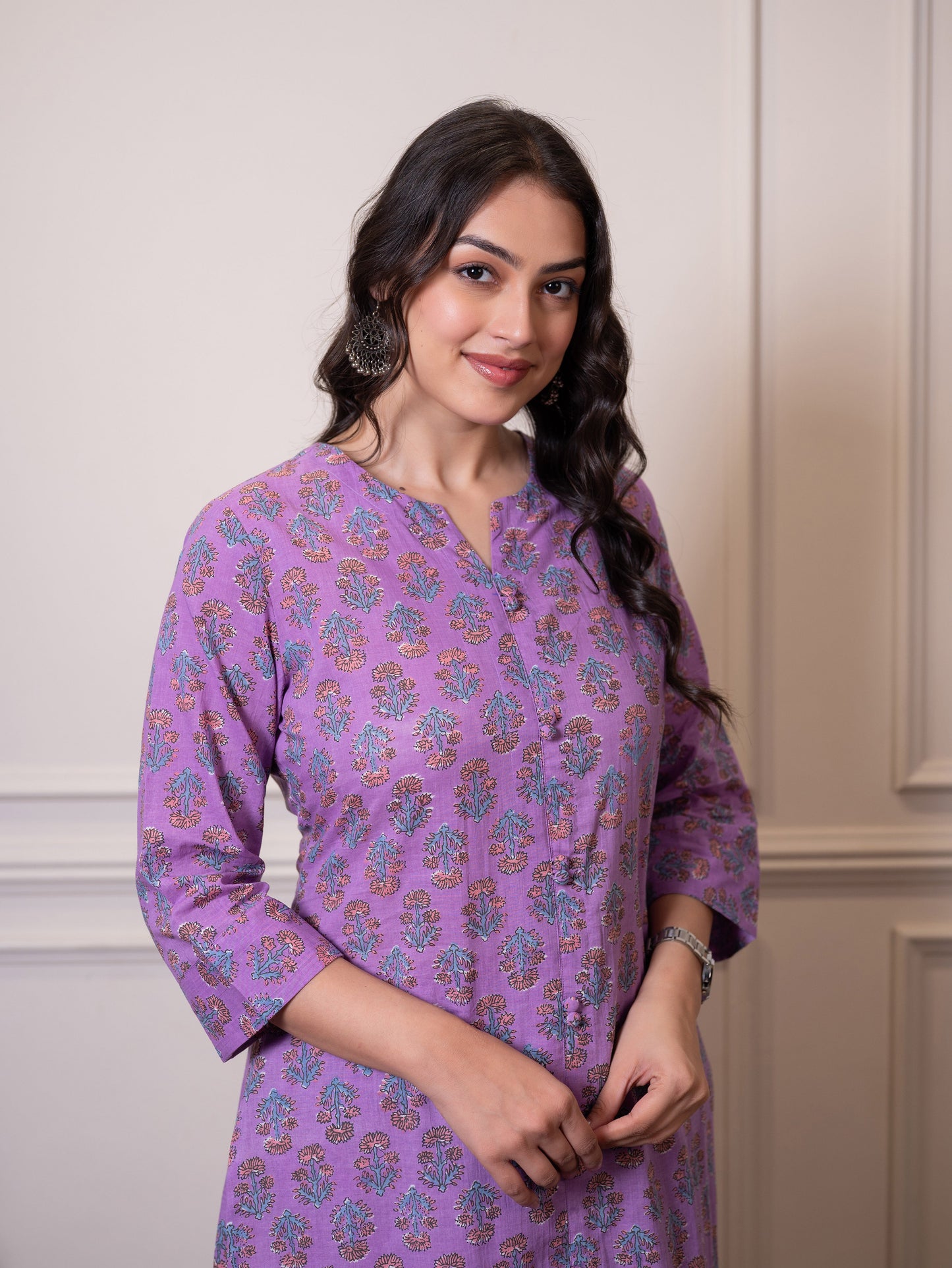 Soft cotton Floral Straight Purple Kurta