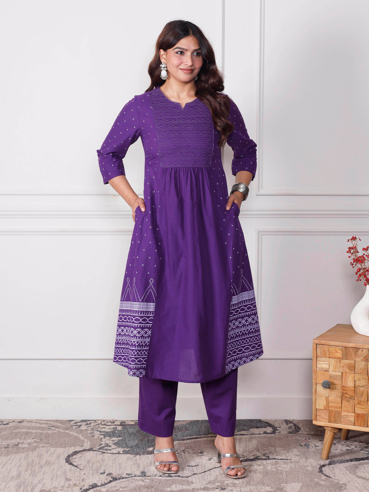 Embroidered Soft Cotton Bandhani Flared Purple Kurta