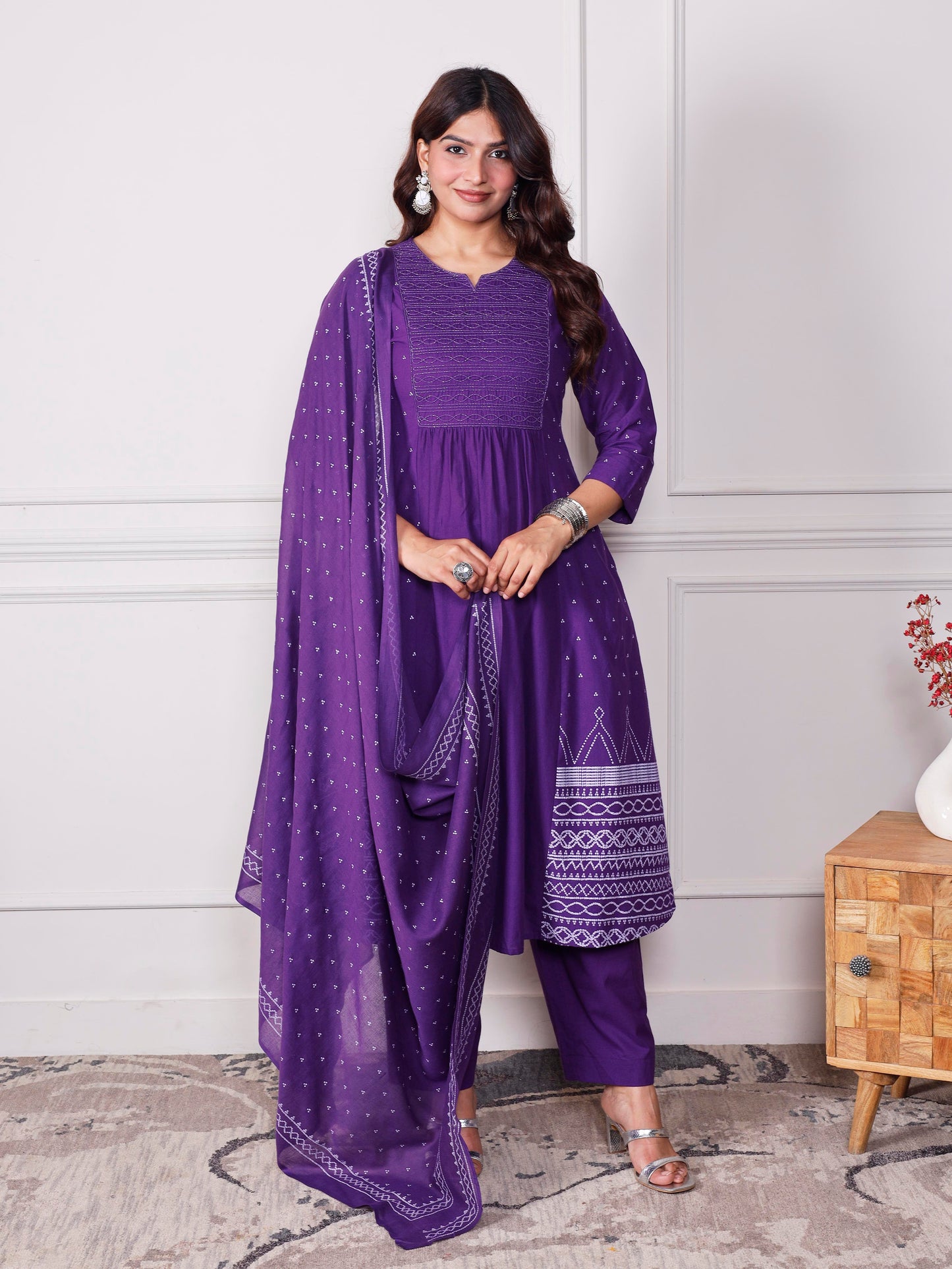 Embroidered Soft cotton Bandhani Flared Purple Kurta