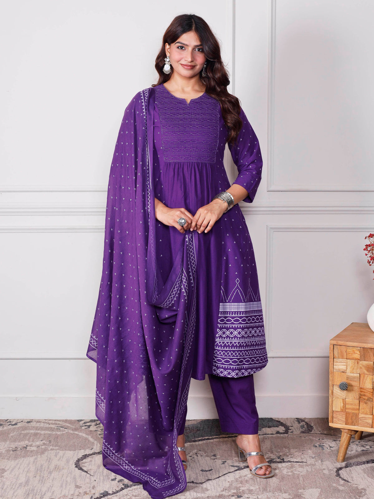Embroidered Soft Cotton Bandhani Flared Purple Kurta