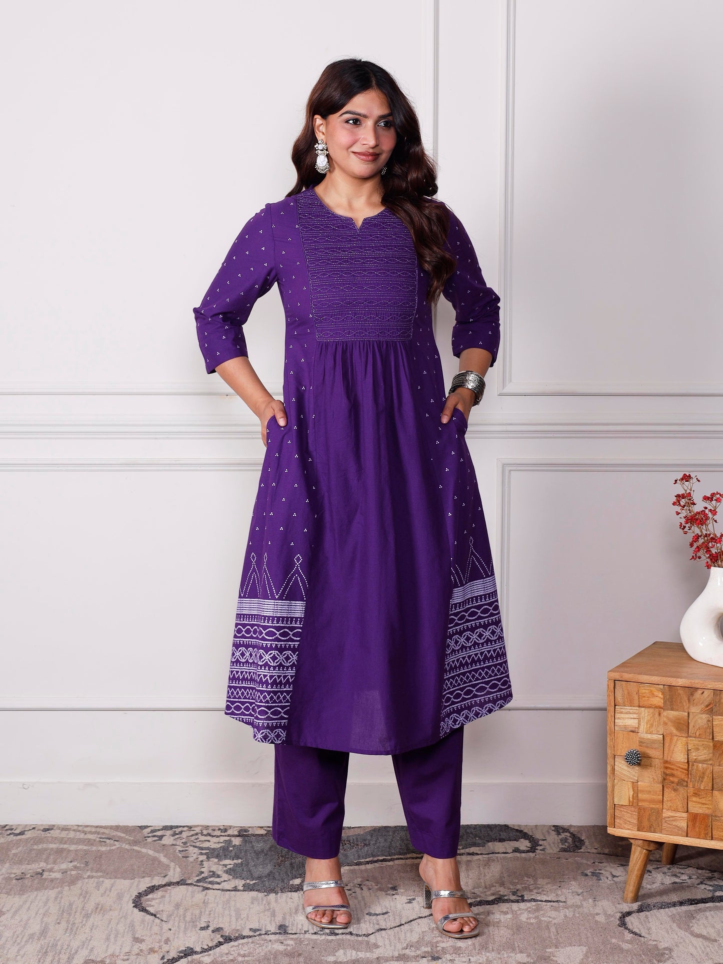 Embroidered Soft cotton Bandhani Flared Purple Kurta