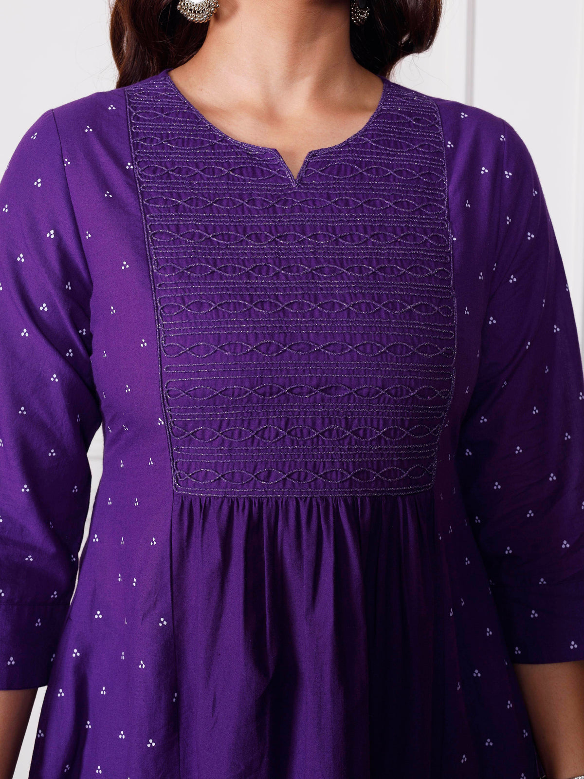 Embroidered Soft Cotton Bandhani Flared Purple Kurta