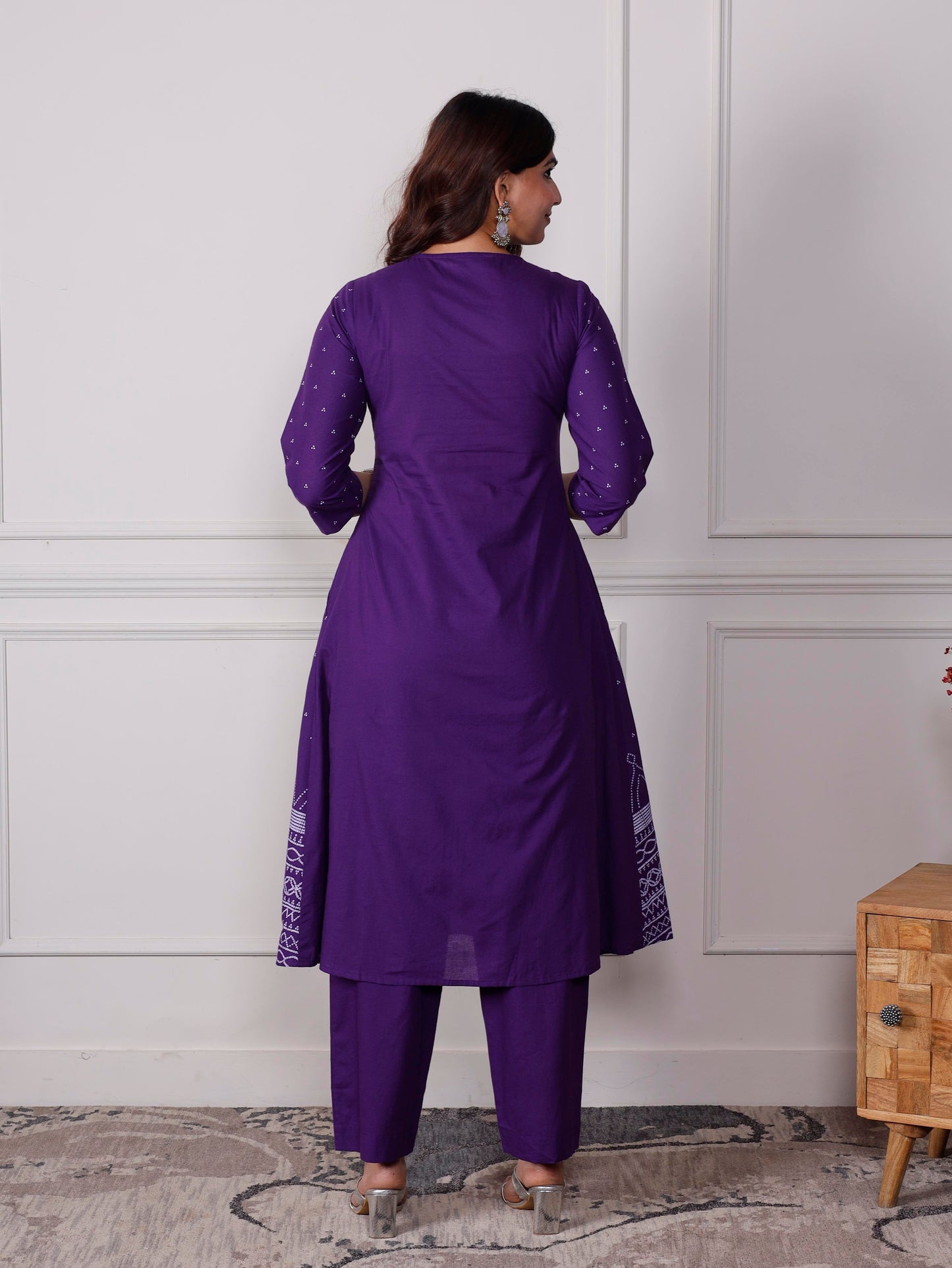 Embroidered Soft cotton Bandhani Flared Purple Kurta