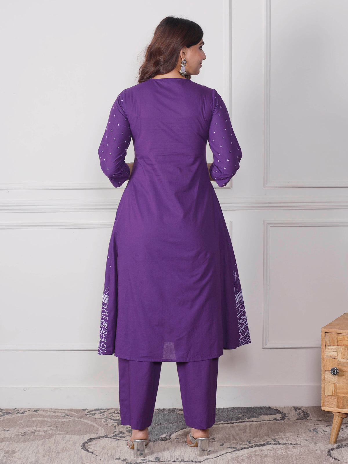 Embroidered Soft Cotton Bandhani Flared Purple Kurta