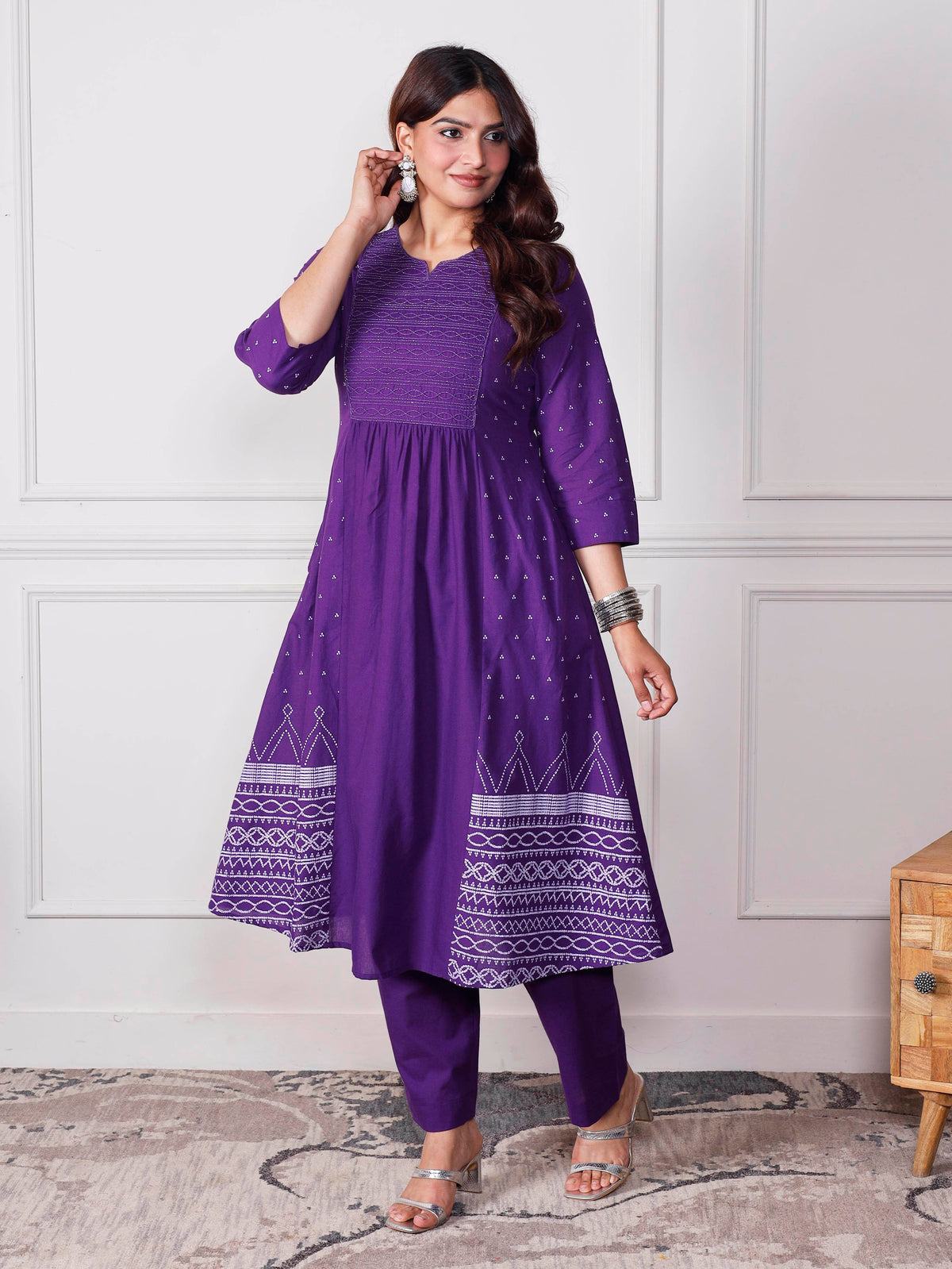 Embroidered Soft Cotton Bandhani Flared Purple Kurta