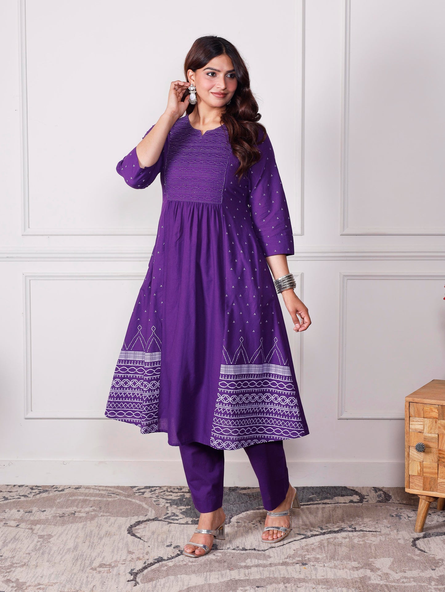 Embroidered Soft cotton Bandhani Flared Purple Kurta