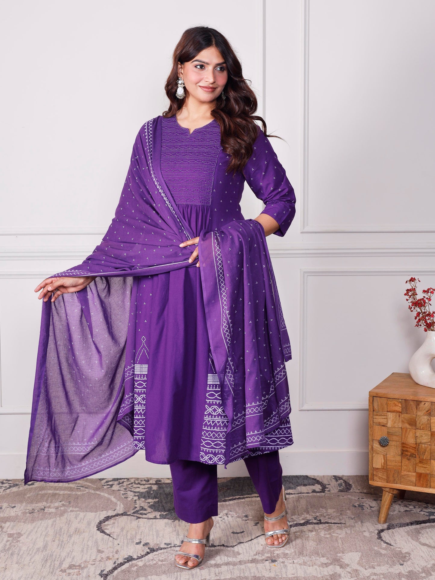 Embroidered Soft cotton Bandhani Flared Purple Kurta