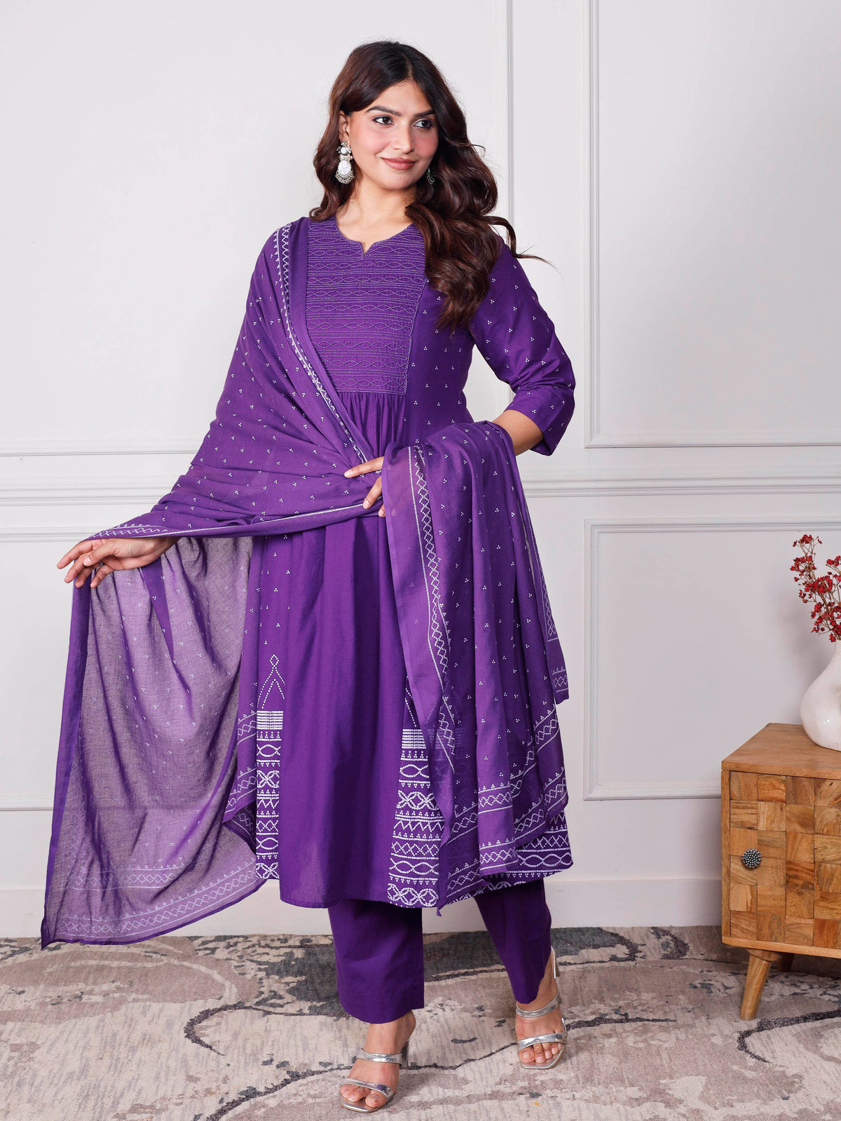Embroidered Soft Cotton Bandhani Flared Purple Kurta