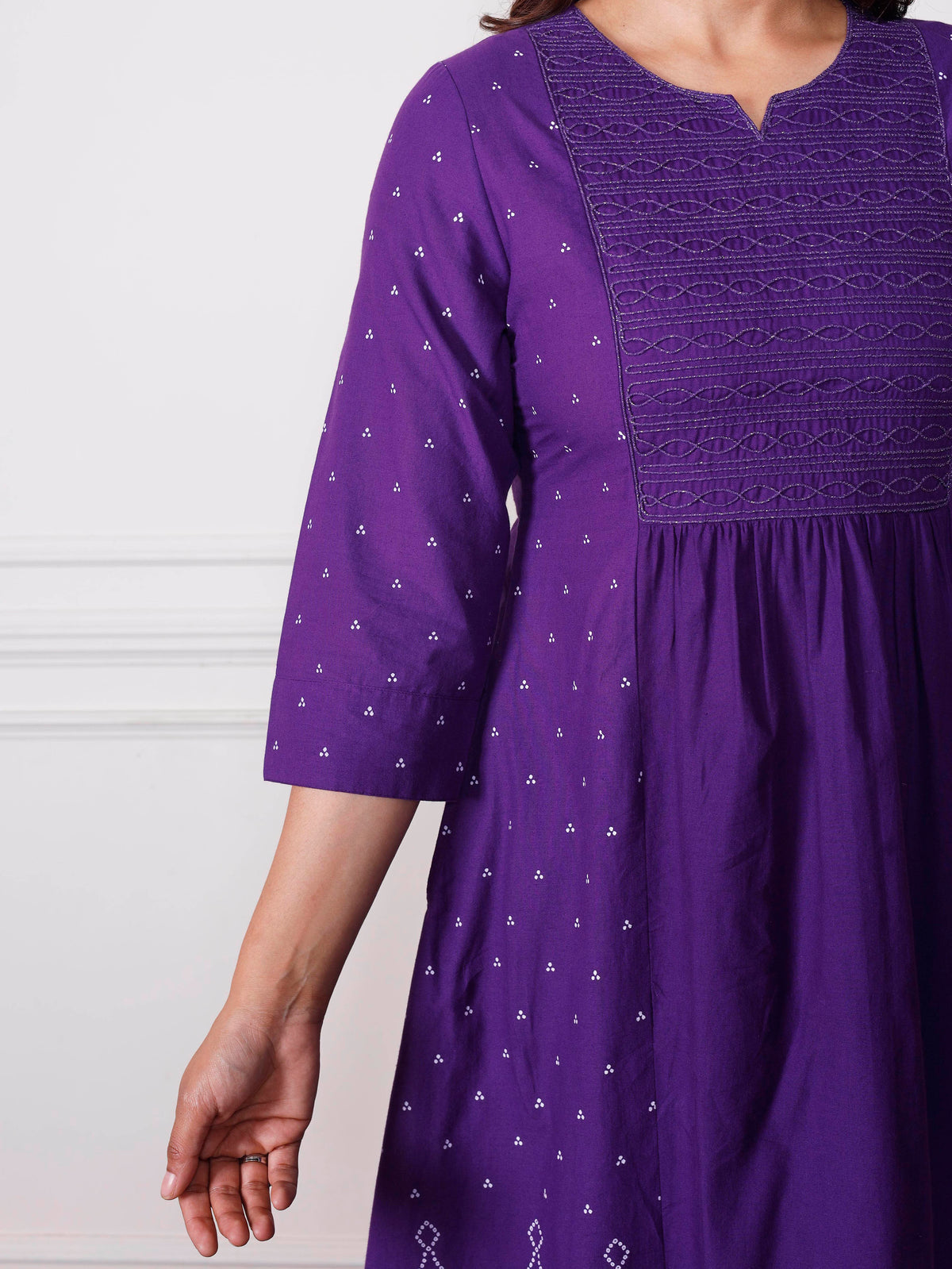 Embroidered Soft Cotton Bandhani Flared Purple Kurta