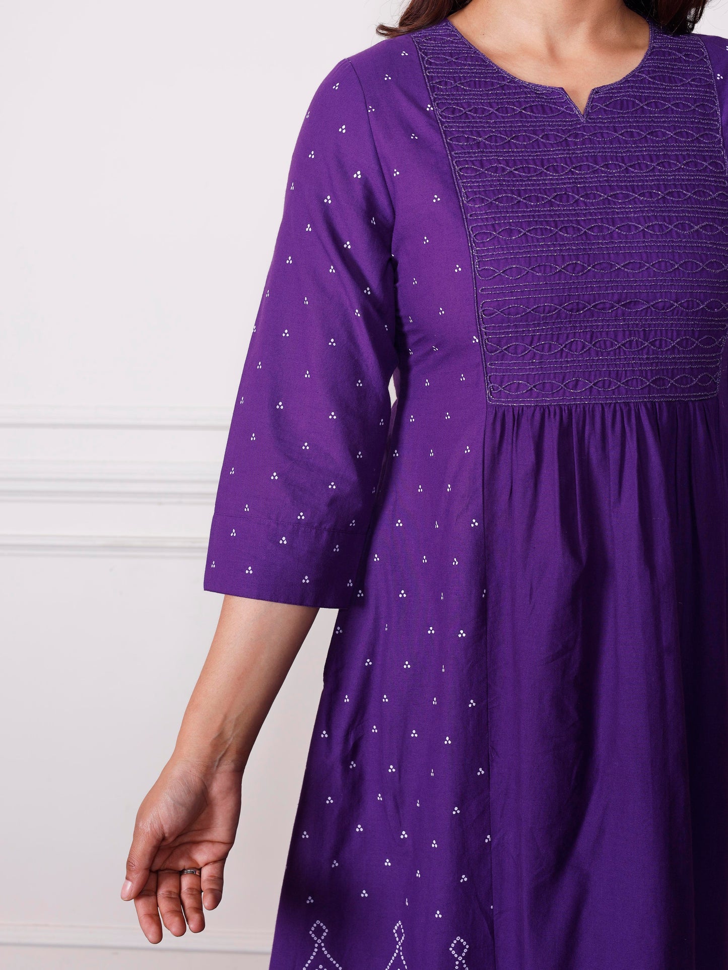 Embroidered Soft cotton Bandhani Flared Purple Kurta