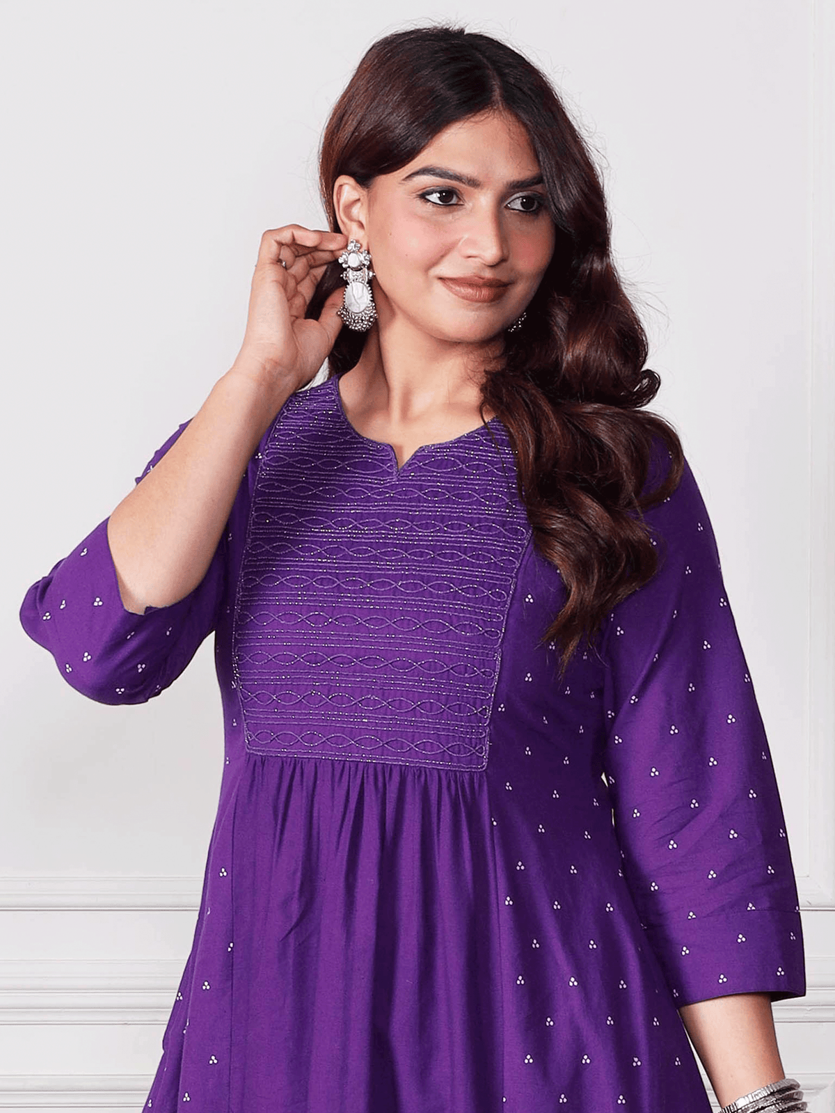 Embroidered Soft Cotton Bandhani Flared Purple Kurta