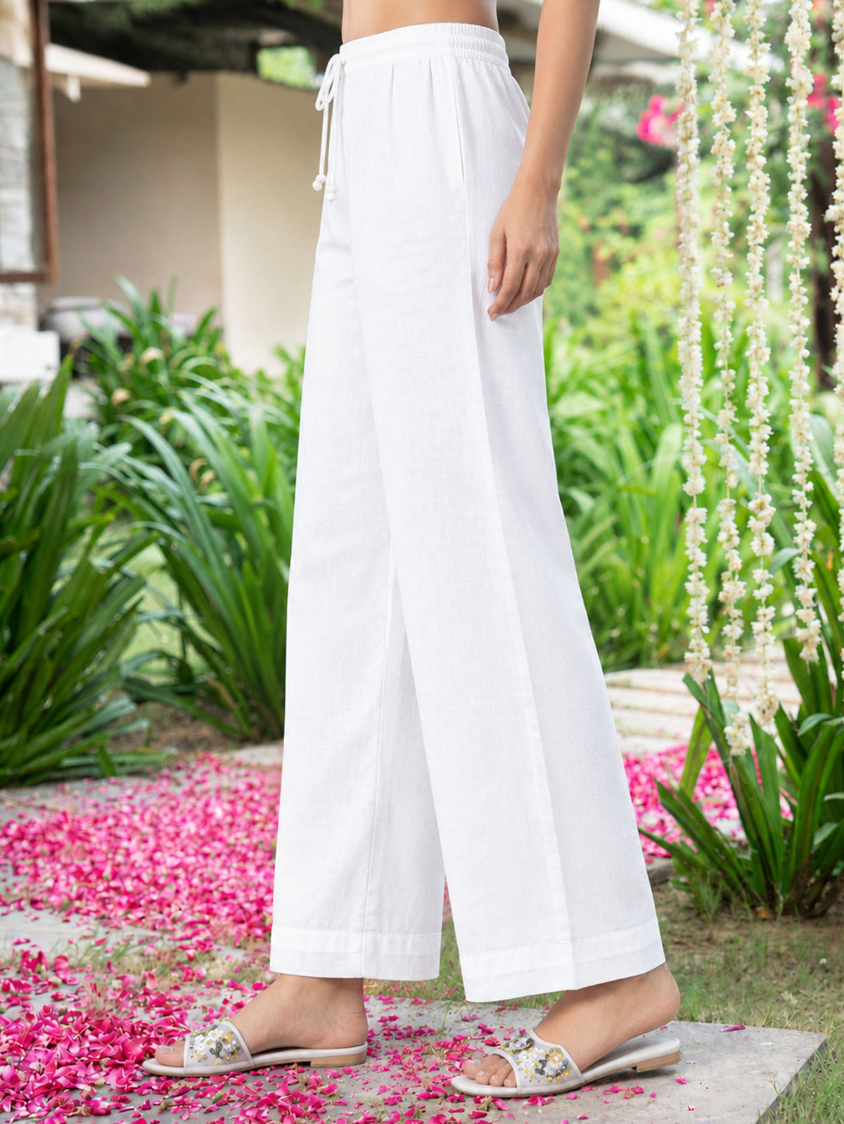 Chanderi Placement Print Straight White Kurta