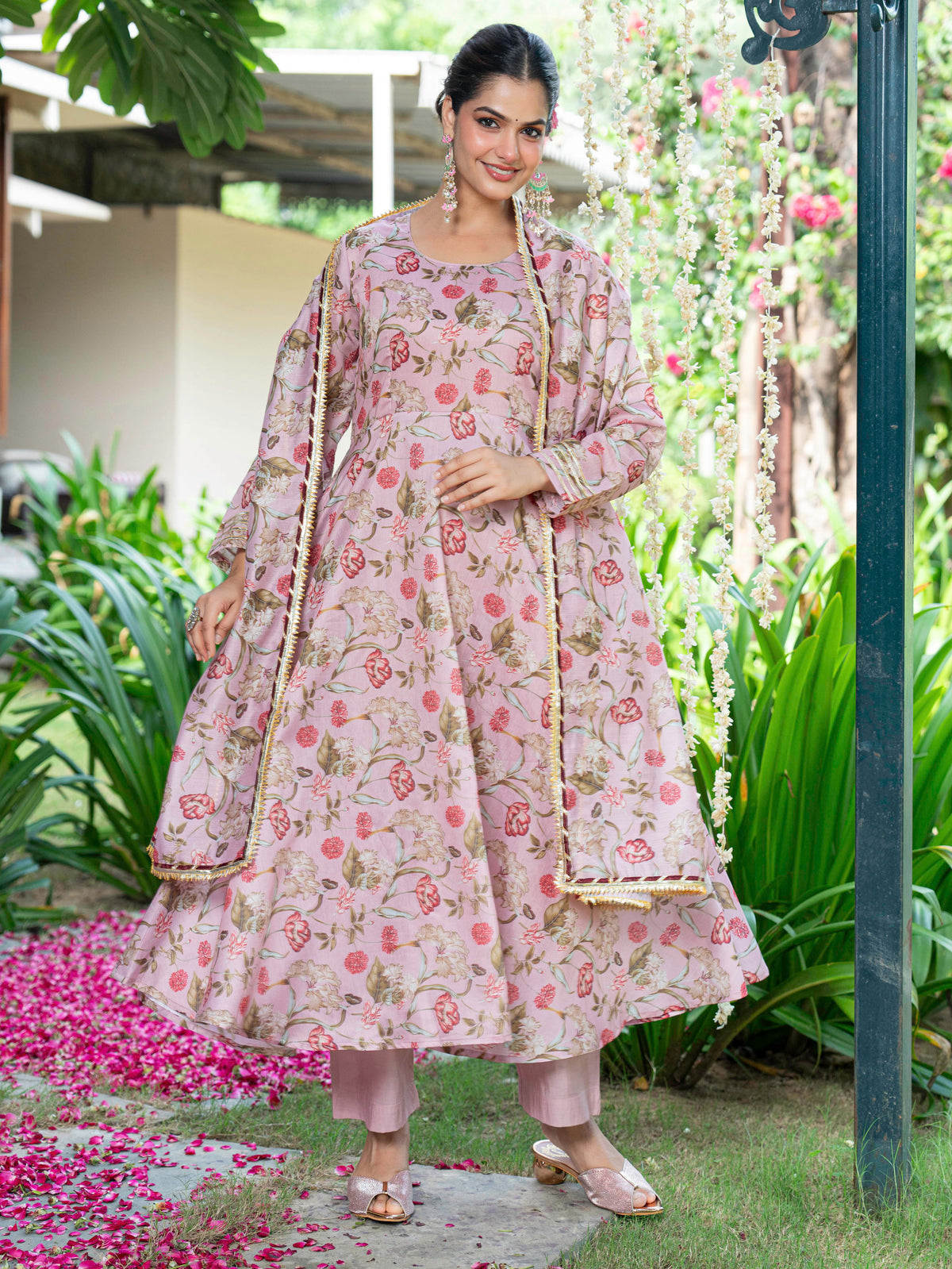 Chanderi Floral anarkali Beige Kurta