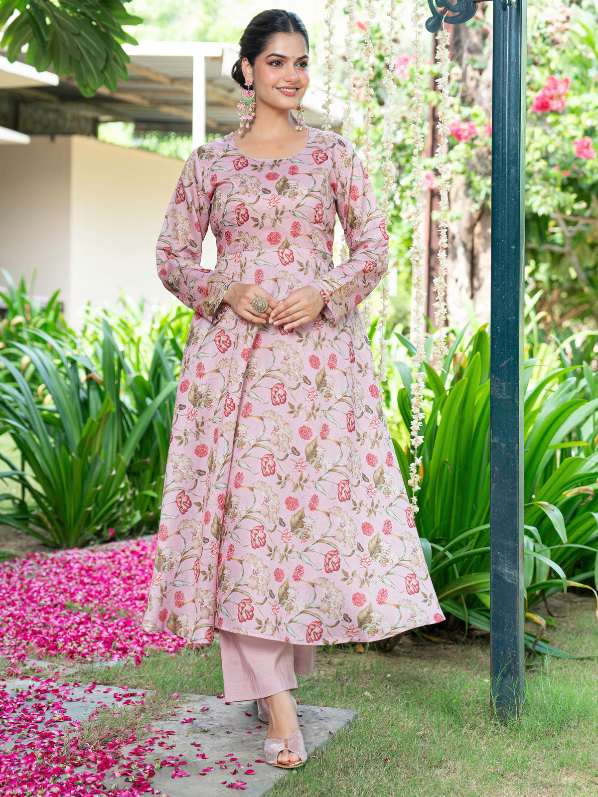Chanderi Floral anarkali Beige Kurta