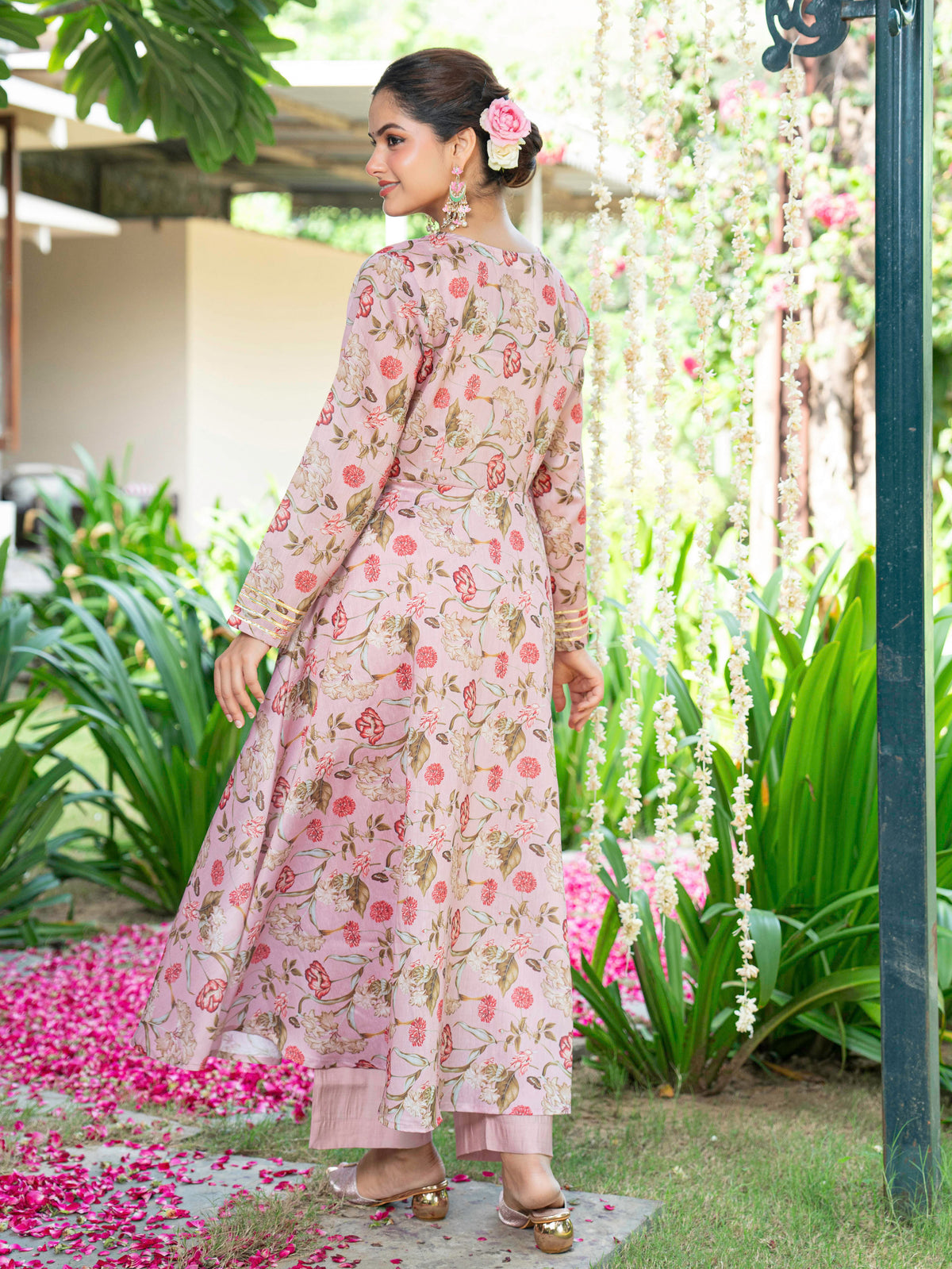 Chanderi Floral anarkali Beige Kurta