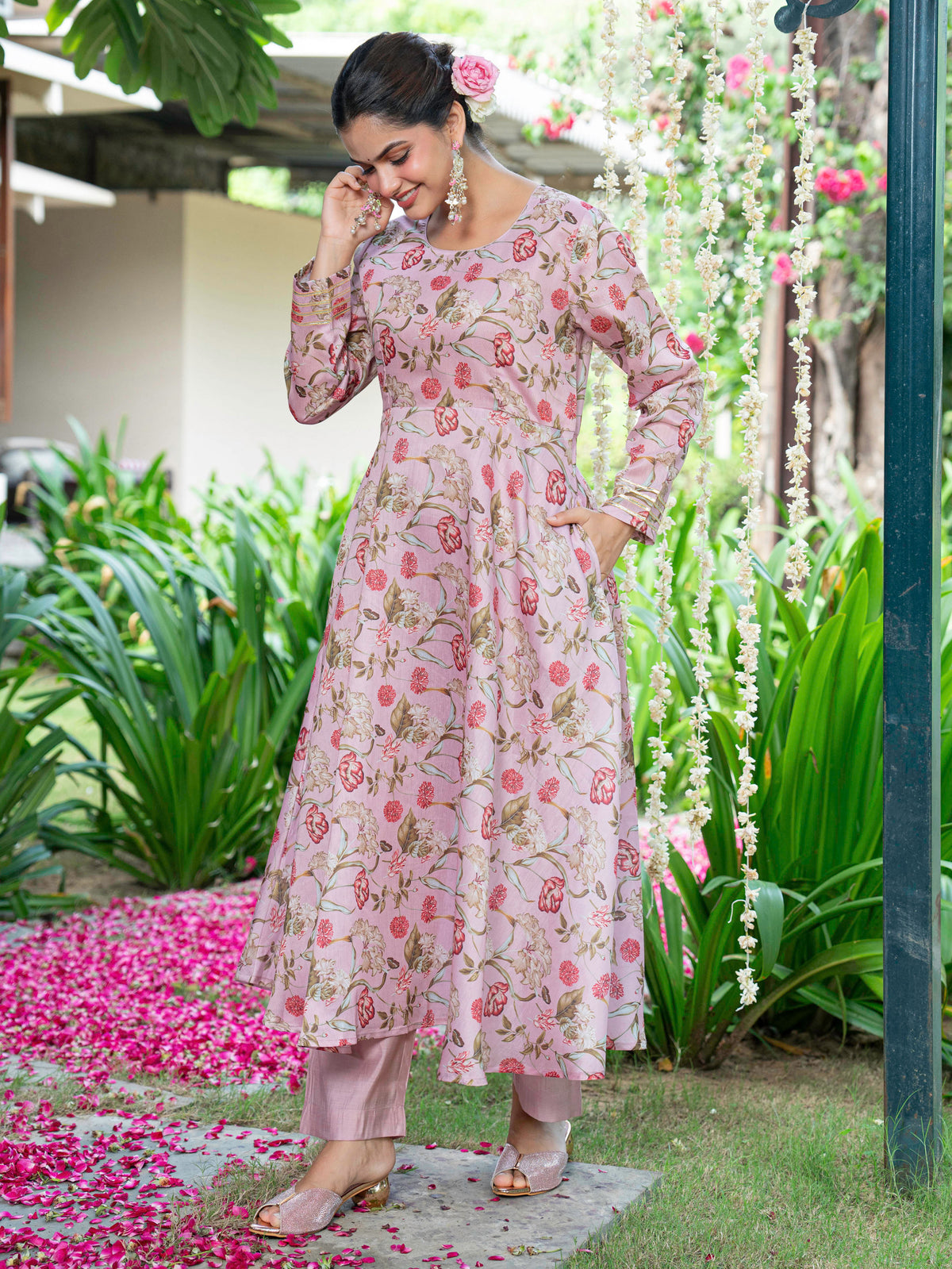 Chanderi Floral anarkali Beige Kurta