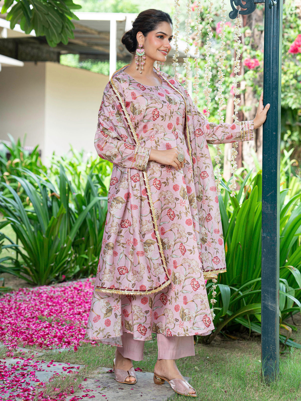 Chanderi Floral anarkali Beige Kurta