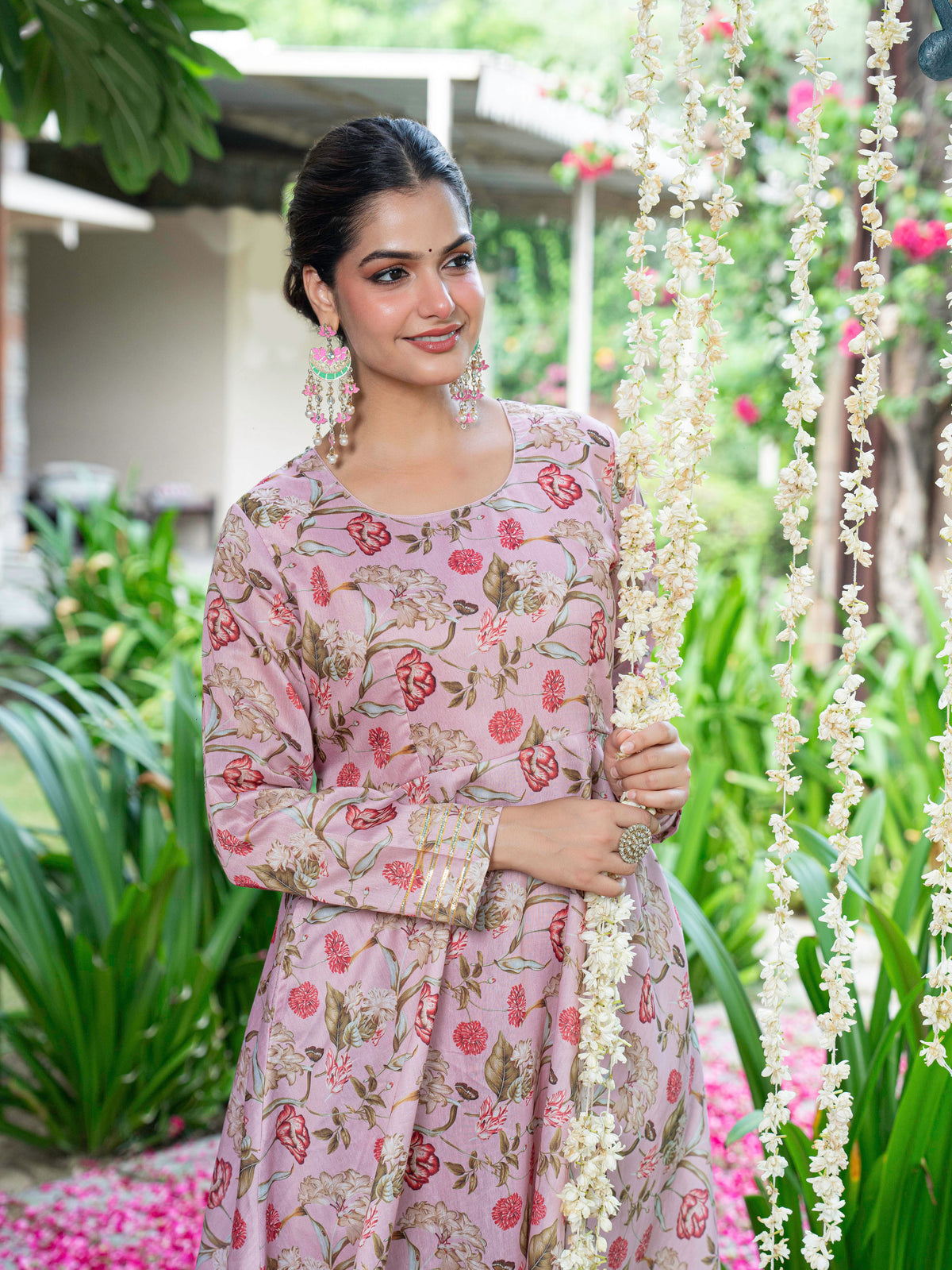 Chanderi Floral anarkali Beige Kurta
